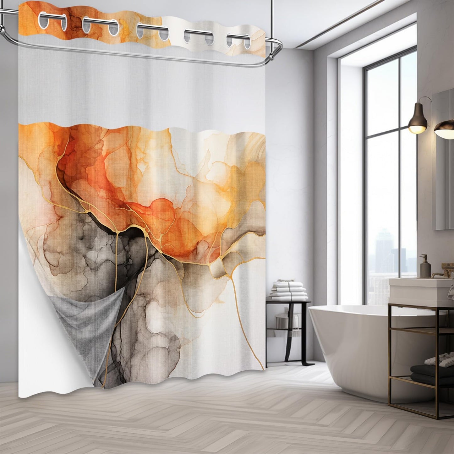 Lvetong Orange Marble Hookless Shower Curtain, 71" W x 74" L