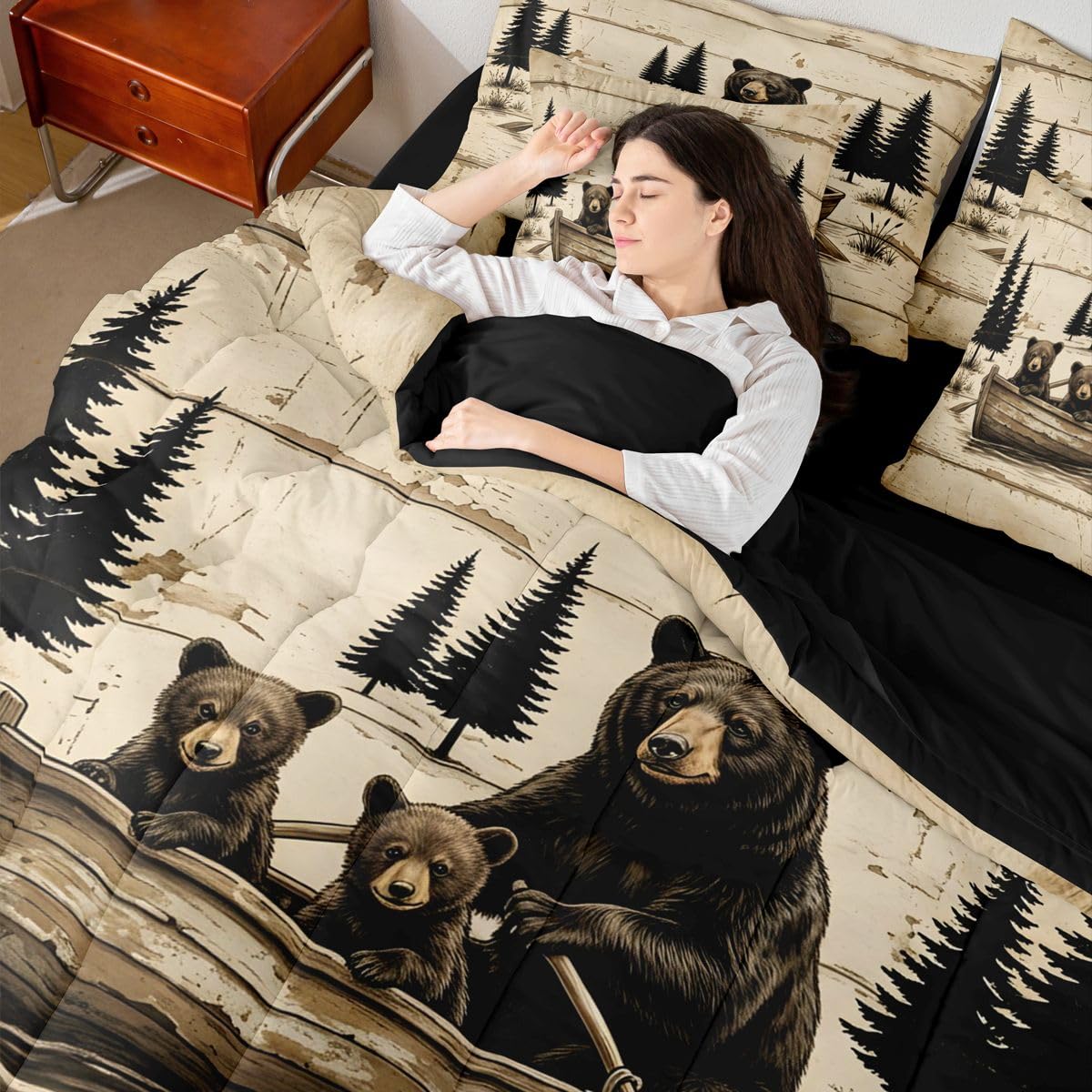 Feelyou Bear Comforter Set with Sheets 7 Piece Twin Size Rustic Cabin Country Bed in a Bag Kids Boys Girls Lake Life Bedding Set Wild Animal Bedroom Decor