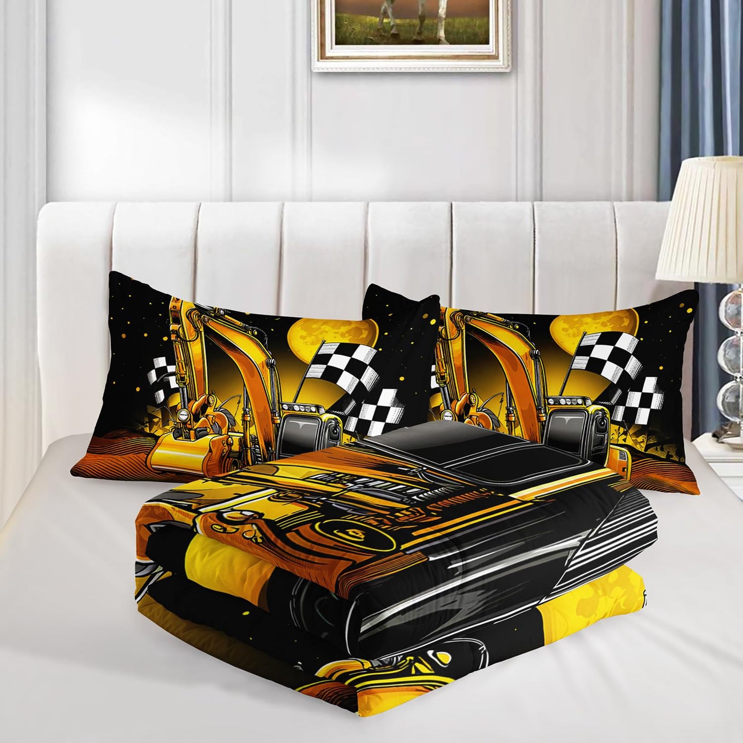 UEVBF Yellow Excavator Construction Vehicles Comforter Set Queen Size,Equipment Trucks Bedding Set for Kids Boys Girls Room Decor,Cartoon Car Pattern Beddings with 2 Pillowcases.