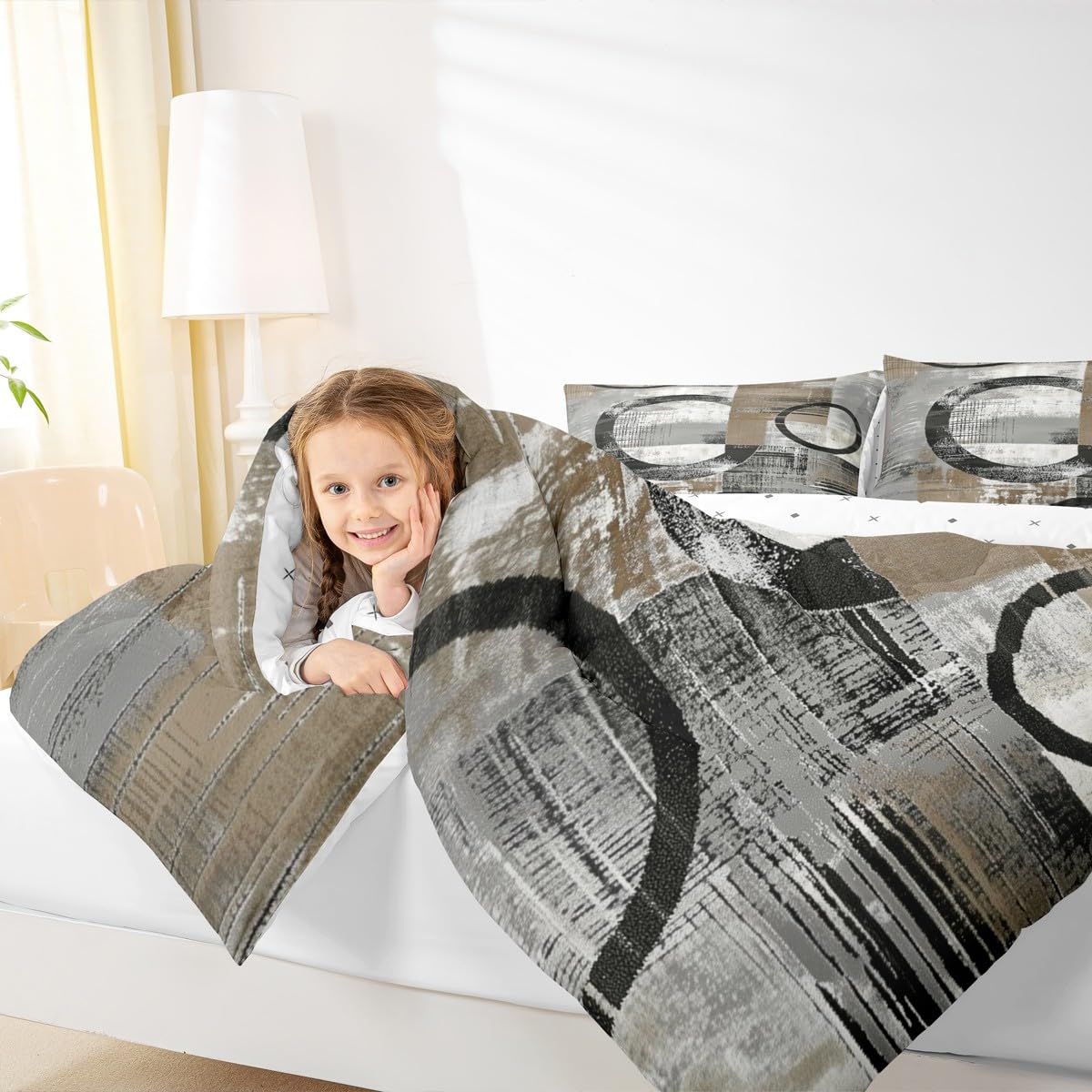 Feelyou Abstract Kids Comforter Set Full Size Modern Abstract Art Bedding Set Geometric Duvet Quilt for Kids Boys Girls Bedroom Luxury Decor Umber Ultra Soft