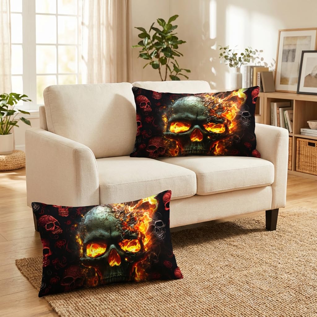 AILONEN Fire Skull Bedding Set Full Size, 3D Skeleton Comforter Set Bedroom Decor Men,Fiery Style Black Tint Soft Breathable Bed in a Bag,3 Pieces,1 Quilt and 2 Pillowcases