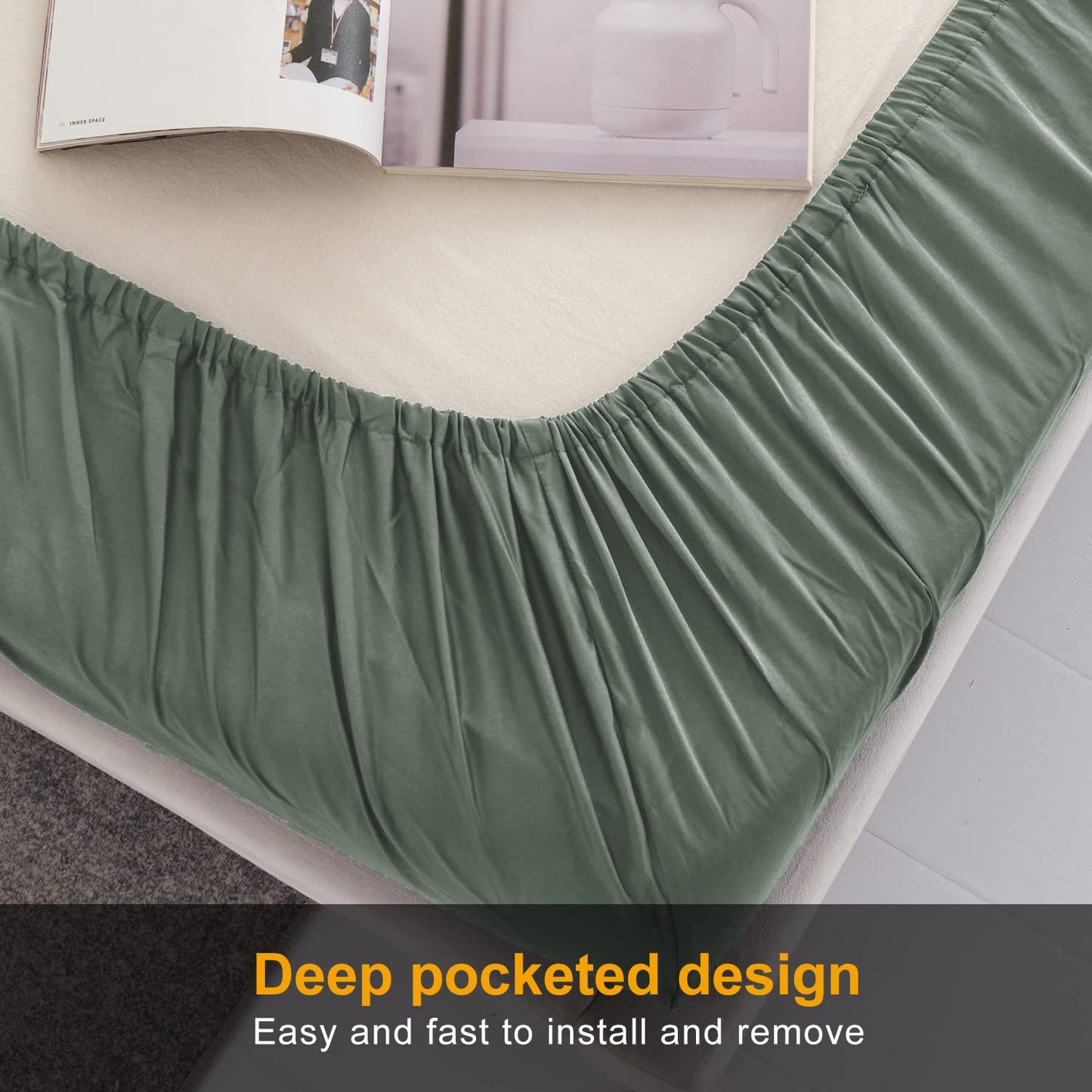 MILDLY Deep Pocket Fitted Sheet Only Queen Size 60"x80" 100% Long Staple Cotton Army Green Breathable Bottom Sheet Fits Up to 14" Deep Mattress