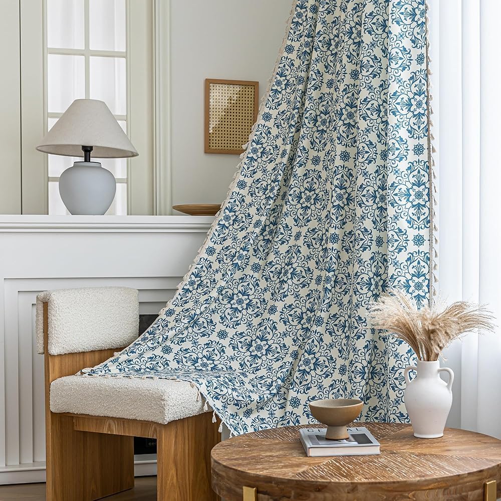 Erbnaryx Blue Floral Curtains 72 Inches Long, Boho Farmhouse Light Filtering Rod Pocket Drapes with Tassel Trim for Bedroom Living Room, 2 Panels