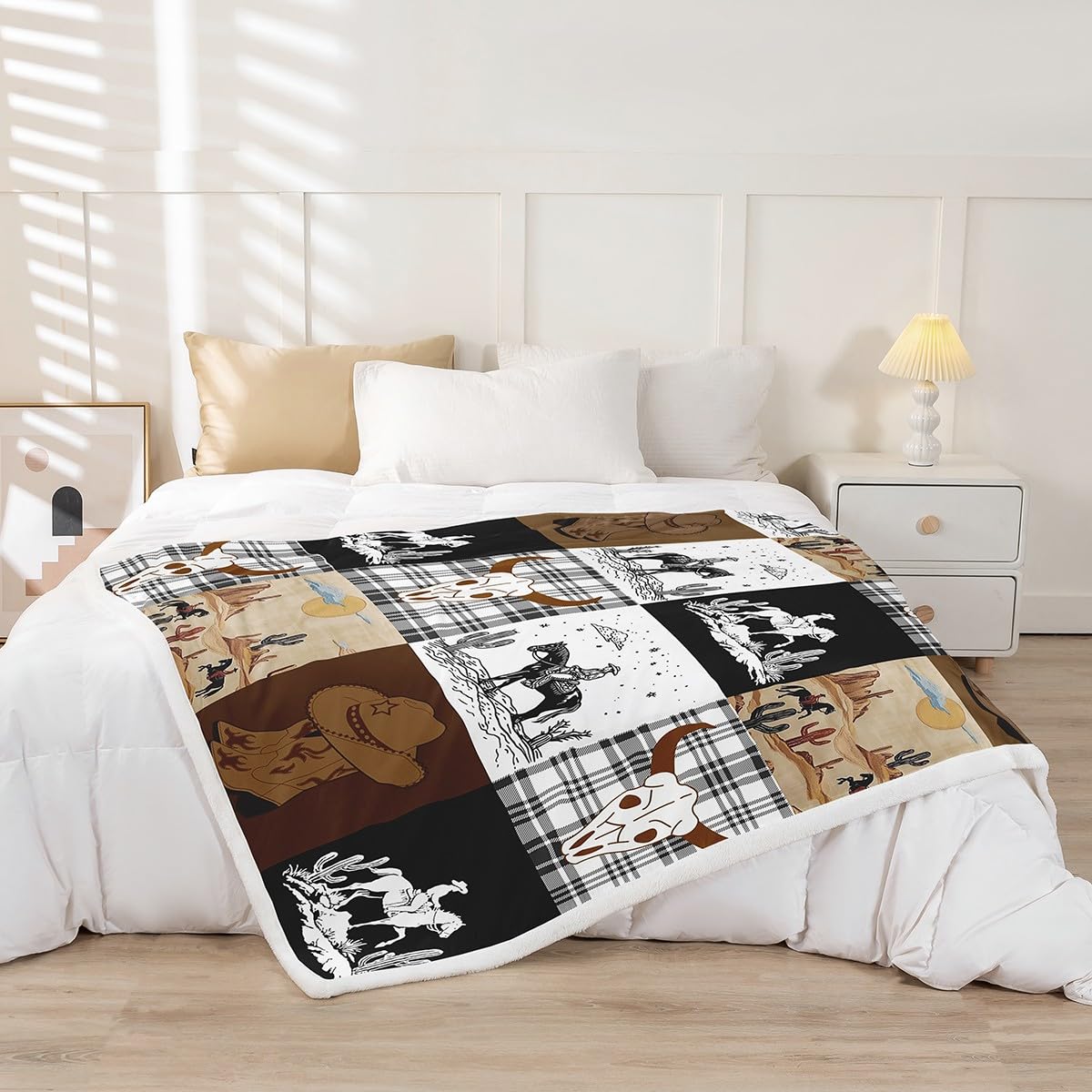 Erosebridal Boho Skull Bull Horse Sherpa Blanket Twin Size, Western Cowboy Fleece Blanket, Exotic Geometric Grid Patchwork Fuzzy Plush Throw, Southwestern Rustic Farmhouse Decor for Sofa Couch