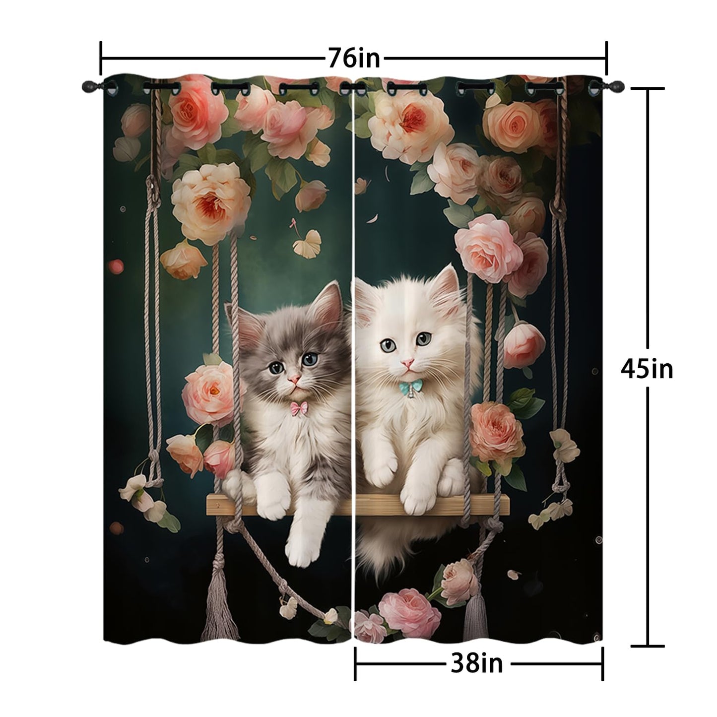 AILONEN Cartoon Beautiful Cat Window Curtains Drapes, Kawaii Kittens with Flower Curtain Tiers,Cat Lovers Animal Window Treatment for Bedroom Living Room, 38" W x 45" H 2 Panels