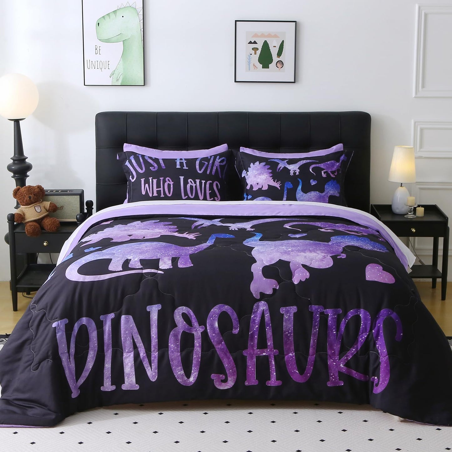 Jameswish 7 Piece Girls Dinosaur Comforter Set Full Size Violet Dinonsaur Soft Microfiber Bed in A Bag with Comforter,Sheet Set,Pillowcase and Sham for Child Teens All Season