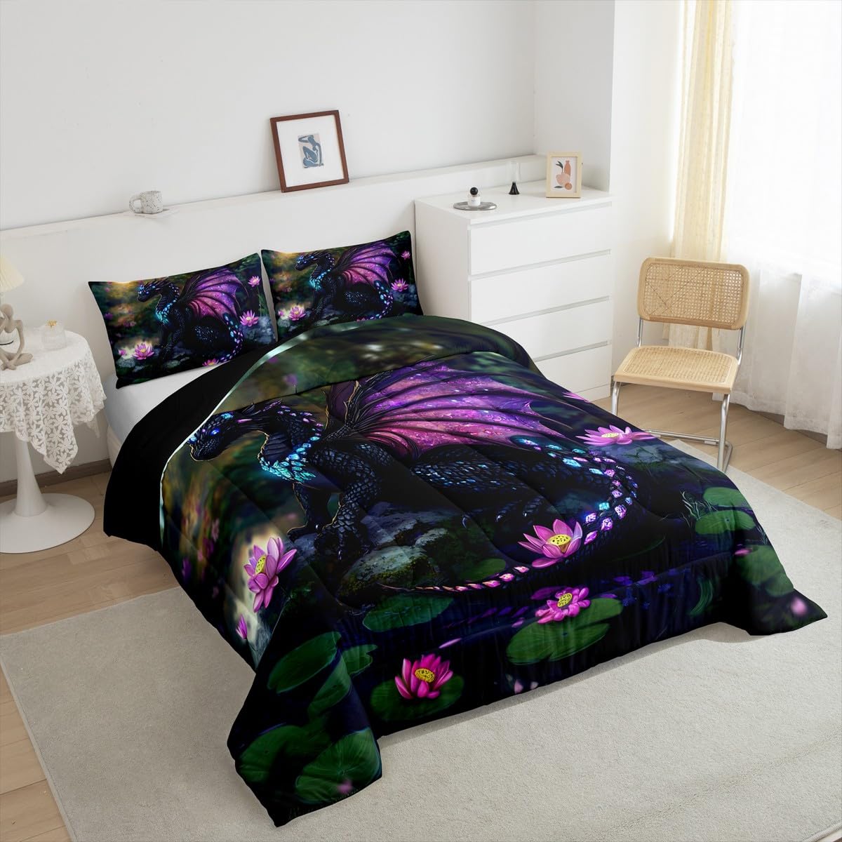 Feelyou Dragon Comforter Set Twin Size Dragon Stuff Comforter for Boys Girls Teens Wild Life Bedding Set Lotus Flower Duvet Set Room Decor Green Purple Quilt Set