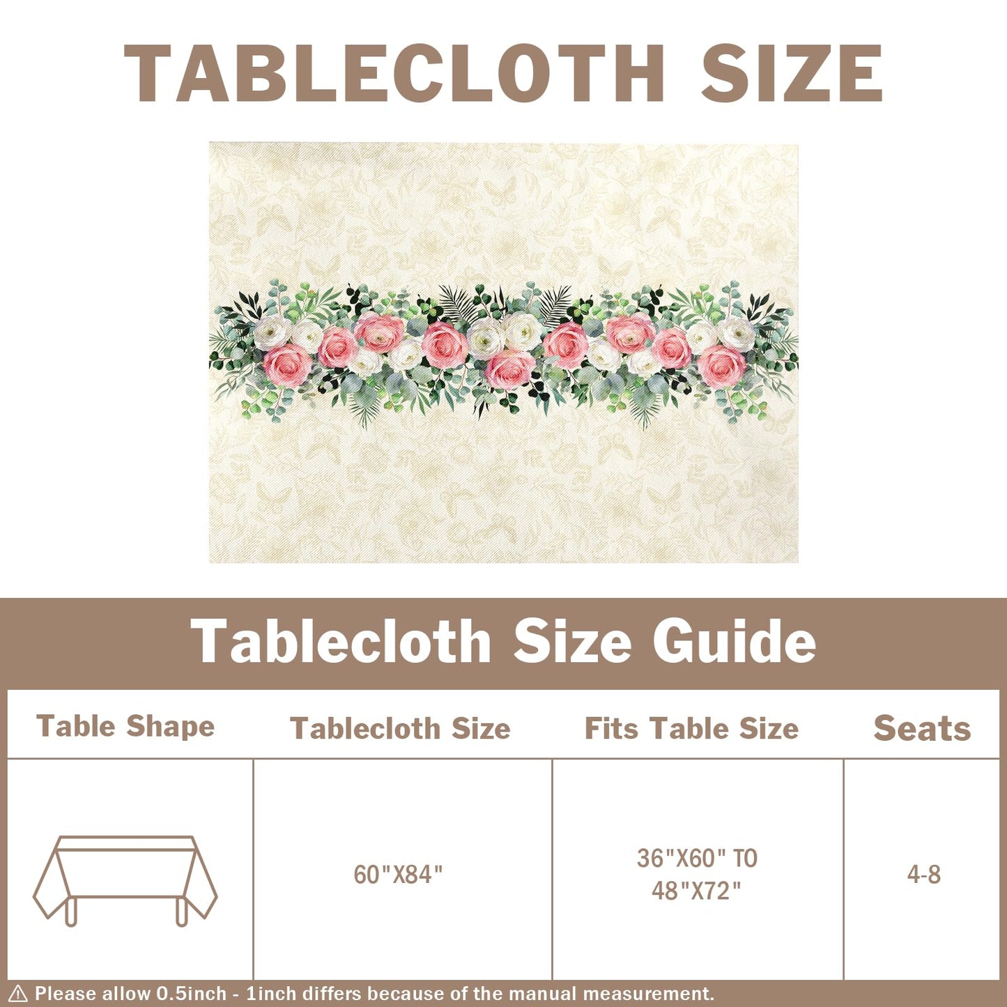 Kwlegh Spring Summer Tablecloth 60x84 Inch Rectangular Pink White Rose Flower Table Cover Green Eucalyptus Leaves Reusable Washable Tablecloths for Dining Decor Party Picnic Indoor Outdoor