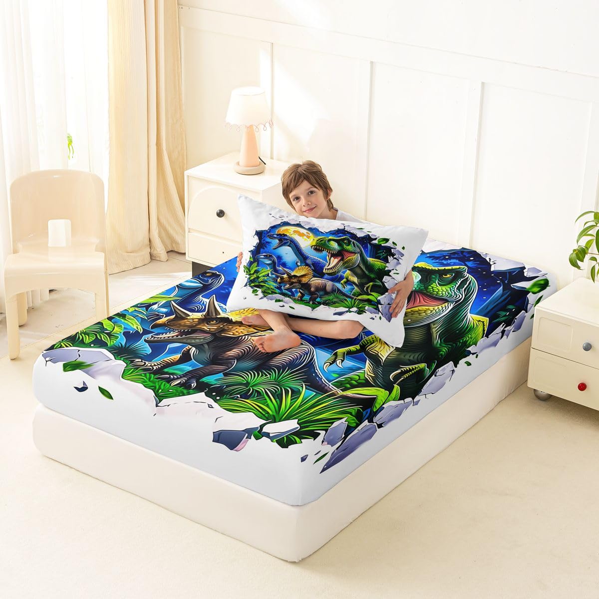 Feelyou Dinosaur Bed Sheets Set Twin Size 3D Digital Print Deep Pocket Fitted Sheet Jungle Dino Bedding Sets Wild Animal Soft Bed Set 3Pcs with 1 Pillow Cases White Green Blue