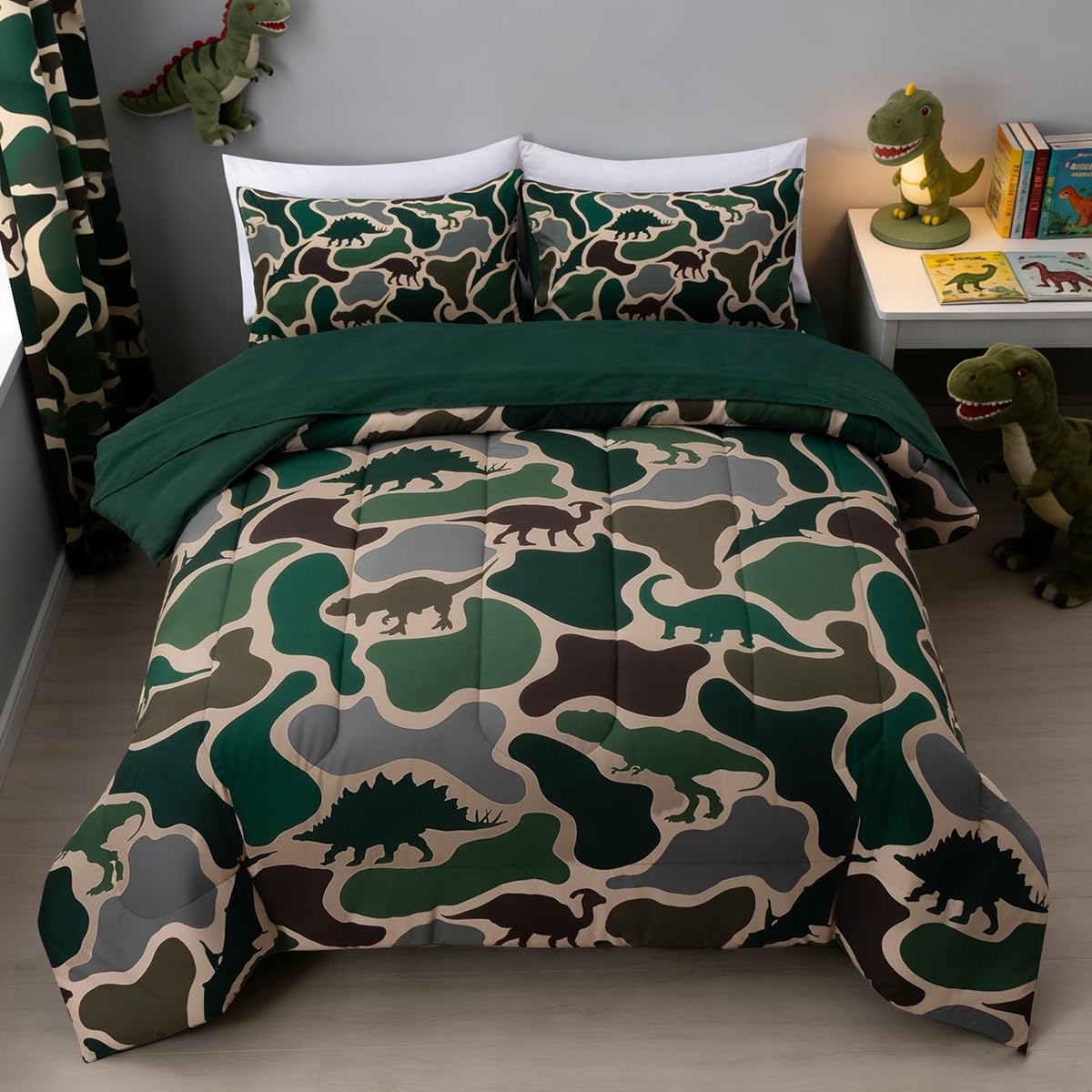 Holawakaka Boys Dinosaur Camouflage Comforter Set with Sheets, Queen Size Army Green Camo Bedding Sets for Kids Teens Bed-in-a-Bag 5 Pieces for Dorm Bedroom Cabin Lodge