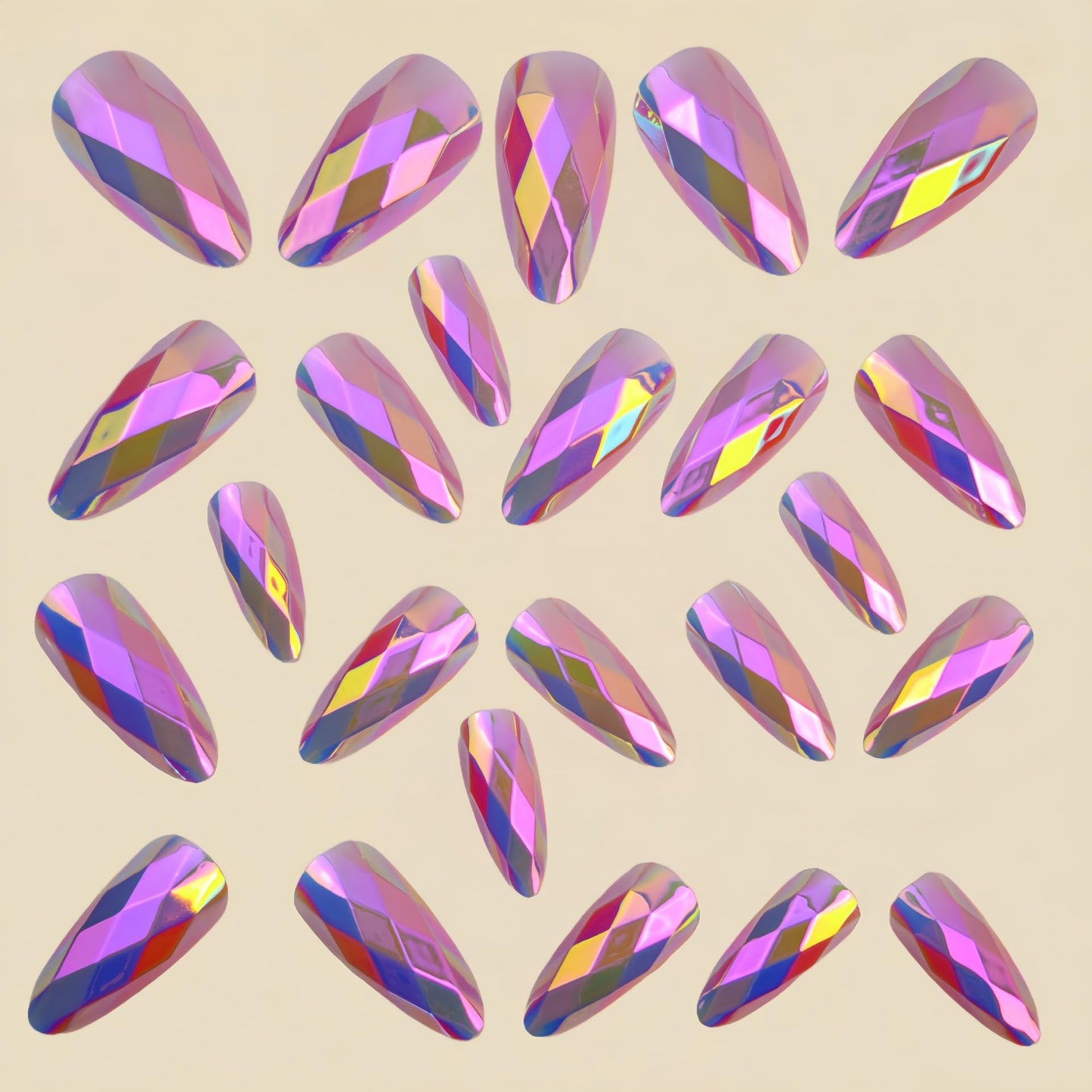 RUOKEXIN Almond Press on Nails Medium Length Fake Nails Chrome False Nails with 3D Rhombus Designs Full Cover Nail Press ons Sparkly Artificial Nails for Women 24Pcs(Light Purple)