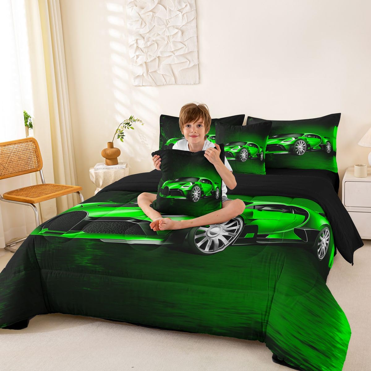 Feelyou Sports Car 7 Piece Bedding Set Green Race Car Comforter Set with Sheets for Kids Boys Girls Extreme Sports Theme Bed in a Bag Cool Speed Luxury Car Decor Bed Set with 2 Pillowcases Queen