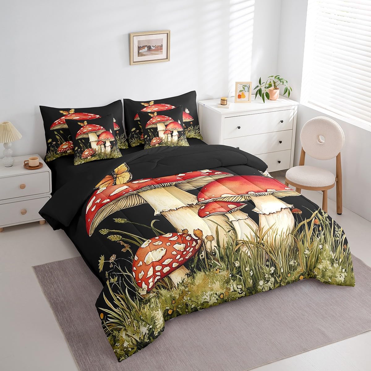 Erosebridal Mushroom Comforter Set King Size,Flying Butterflies Bedding Set for Kids Teens,Cute Red Fungus (Comforter+Fitted+Flat Sheet+2 Pillowcases+2 Throw Pillow Covers) 7 Pieces Bed Set