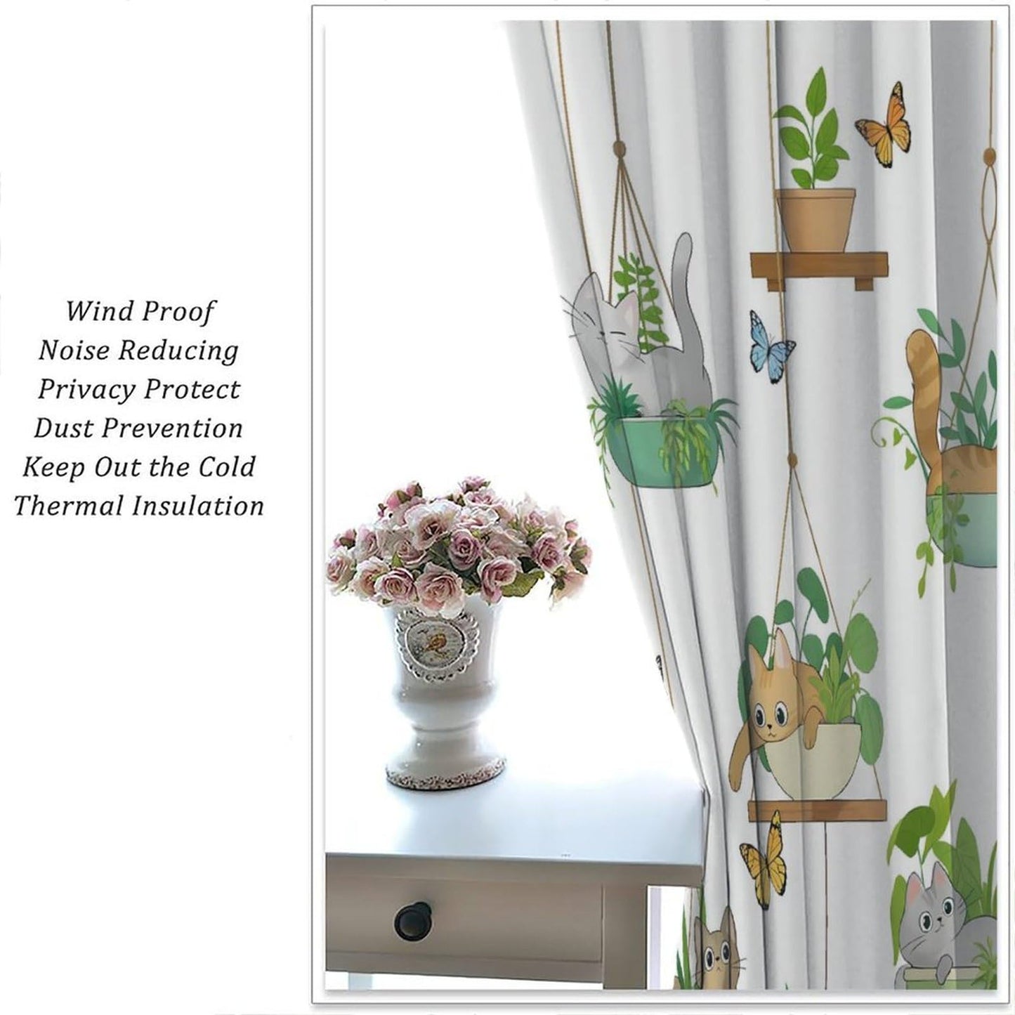 Cat Curtains, Rustic Farmhouse Hanging Potted Plants Print Home Decor Drapes for Bedroom Living Room Kitchen Window Treatment 2 Panels Set Total Size 42" W X 45" L Inch