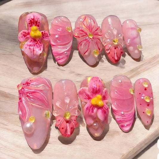 30Pcs Pink Flower Press on Nails Medium Almond Fake Nails with Yellow Pistil 3D Pearl Design Full Cover Artificial Glue on Nails Spring False Nails Handmade Stick on Nails for Women Manicure Salon