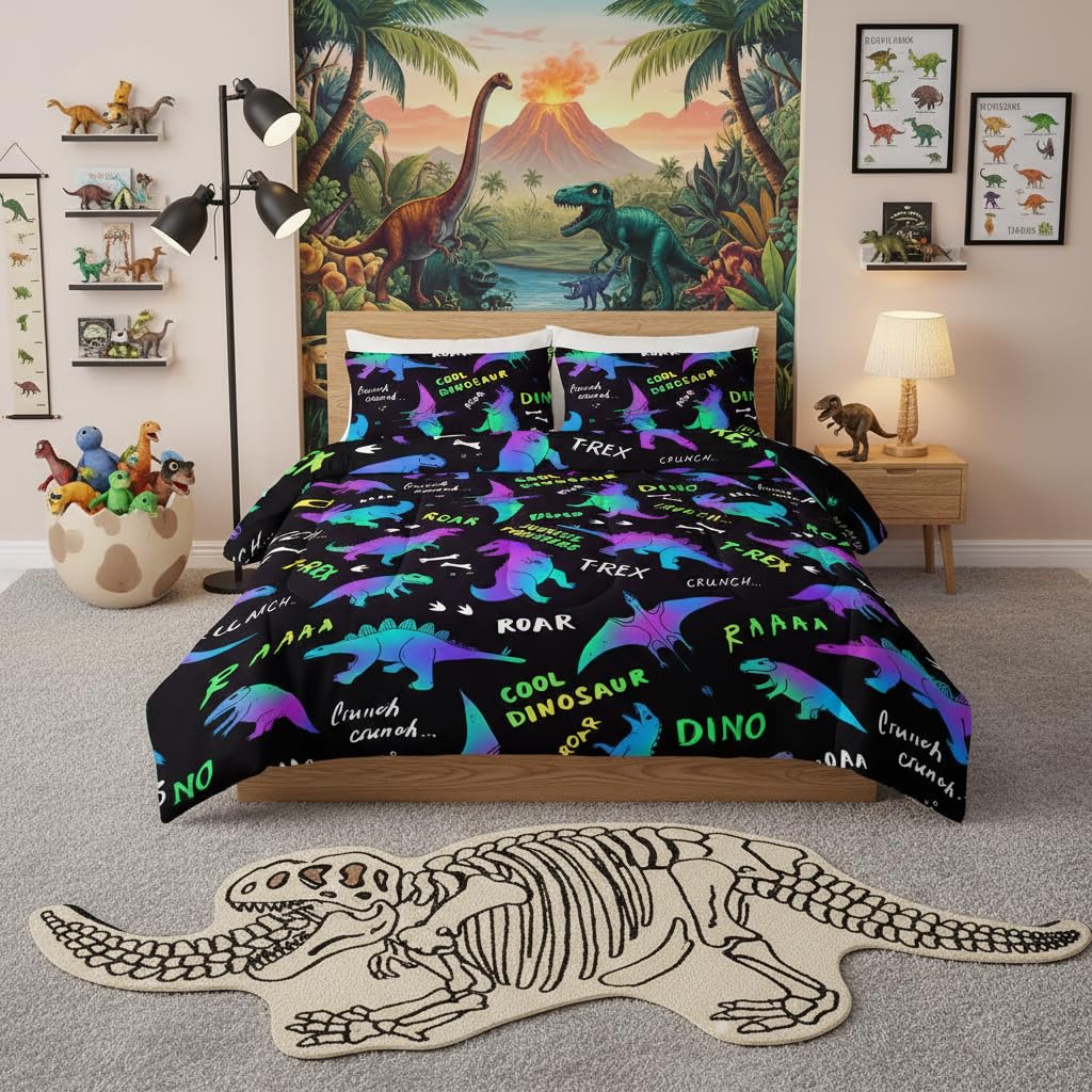 QOOMO Jurassic Dinosaur Comforter Queen Size, Black Cartoon Animals Kids Bedding Set, Suitability Girs and Boys Black Decorate a Room 1 Comforter Set 2 Pillowcases