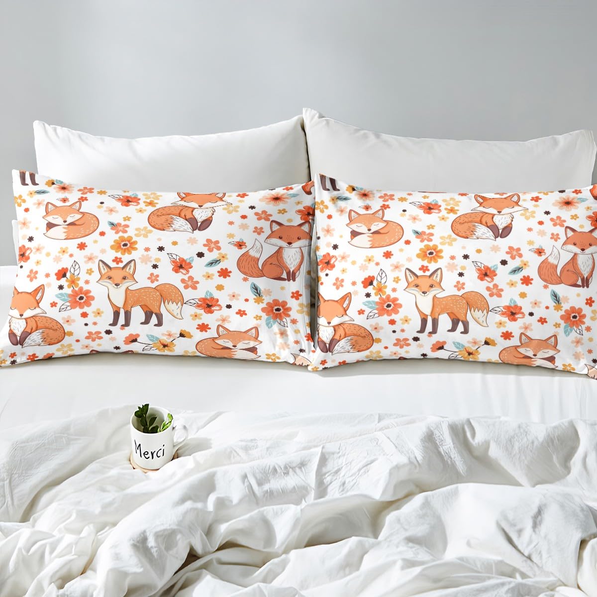 Manfei Cute Fox Kids Fitted Sheet Full Size,Cartoon Animals Toddler Bedding Set,Flowers Plants Rustic Farmhouse Bed Cover,Colorful Lovely Sheet,2 Pillowcases,Full (54*75*16'') (ZZRS700GYY-CL_USf)