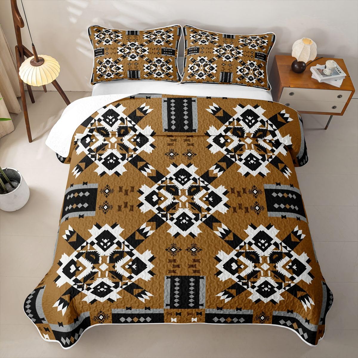 Caramel Tan Southwestern Kids Queen Quilt Bedding Set,Soft Bedspread Coverlet Quilted Blanket,Aztec Tribal Black White Geometric 3 Piece Quilted Bedding for Boys Girls Teens Quilted Comforter