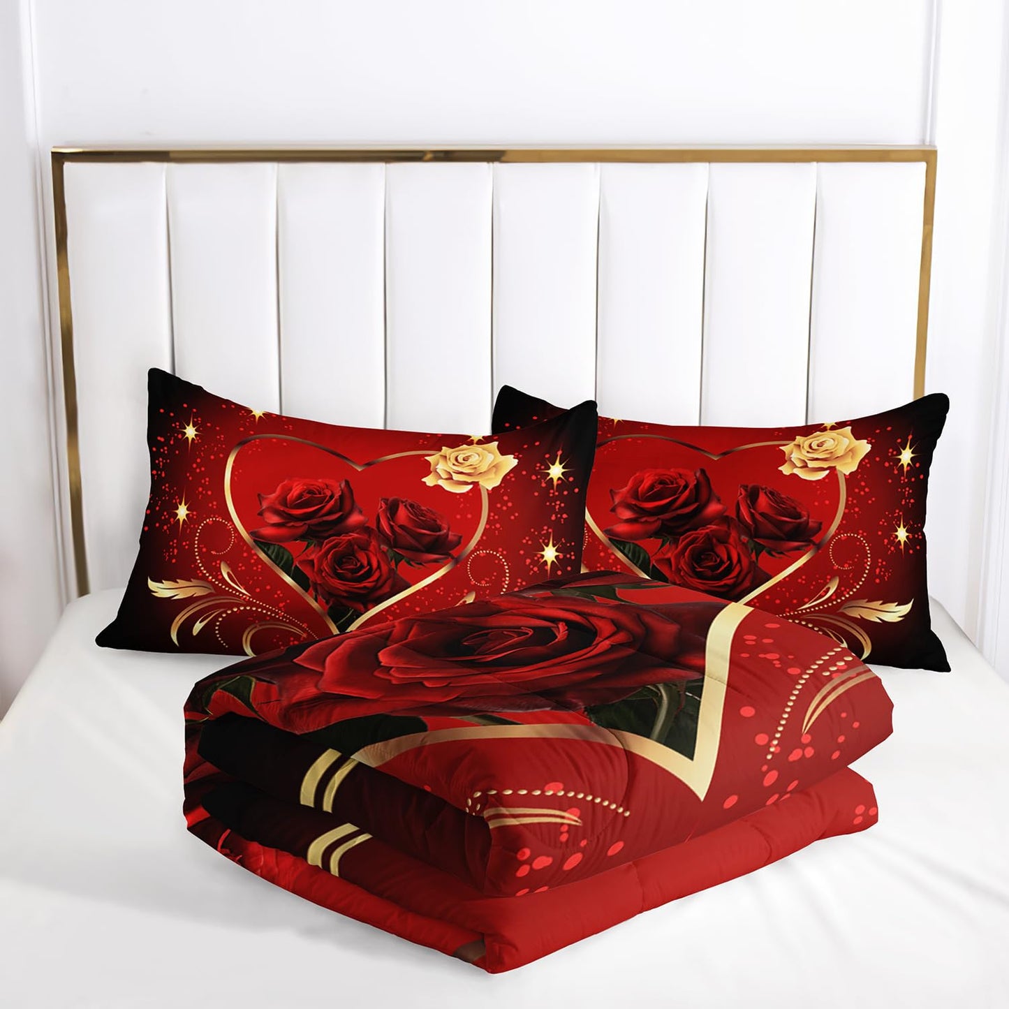 AILONEN Beautiful Red Rose Comforter Set Queen Size, 3D Oil Rose Bedding Set for Girls Women Bedroom Decor,Romantic Moemnt Bed in a Bag,Love Pattern Duvet Set,3 PCS, 1 Quilt 2 Pillowcases