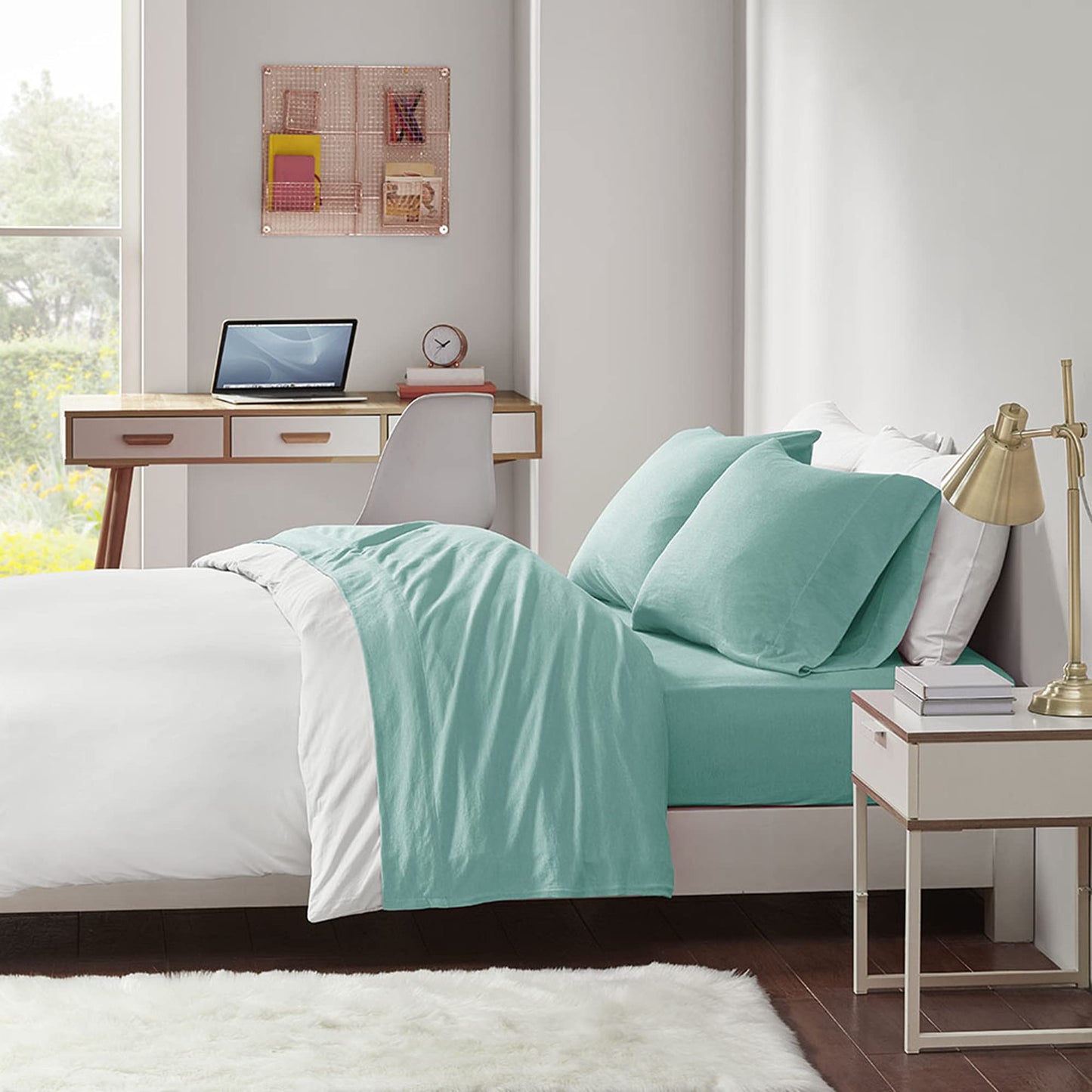 Intelligent Design Cotton Blend Jersey Knit Bed Sheet Set Wrinkle Resistant, Soft Sheets with 14" Deep Pocket, All Season, Cozy Bedding-Set, Matching Pillow Case, Twin XL, Aqua 3 Piece