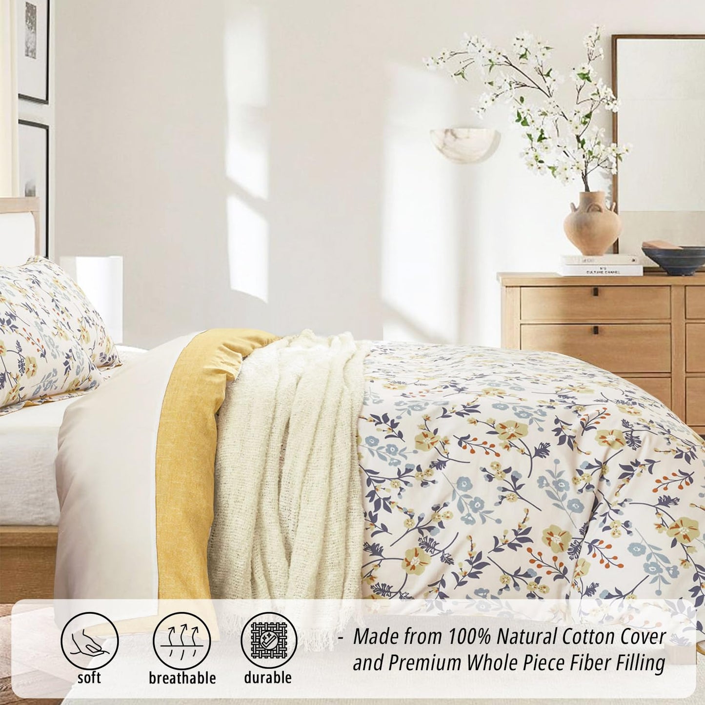 LEMIROE Yellow Floral Cotton Comforter King Size - Orange, Blue & Slate Gray Botanical Pattern on Off White, Reversible Design, 3PC Lightweight Bedding Set with Soft Alternative Fill (King)