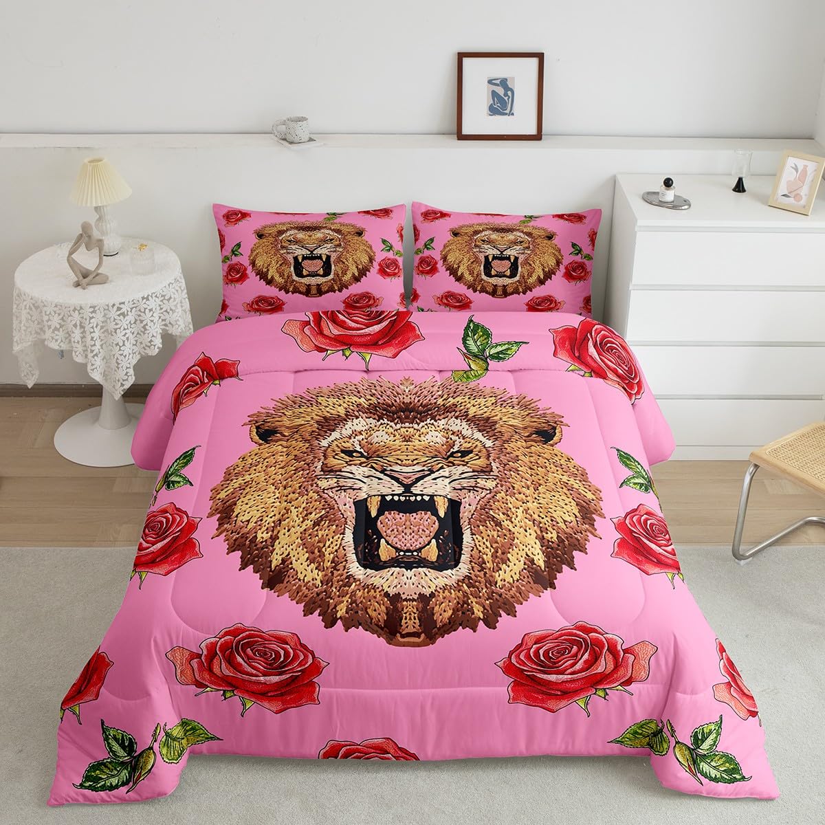 Erosebridal Lion Roses Comforter Set Twin Size Wild Flowers Bedding Set for Kids Girls BoysSafari Animal Comforter Pink Garden Farm Quilt Bedroom Decor