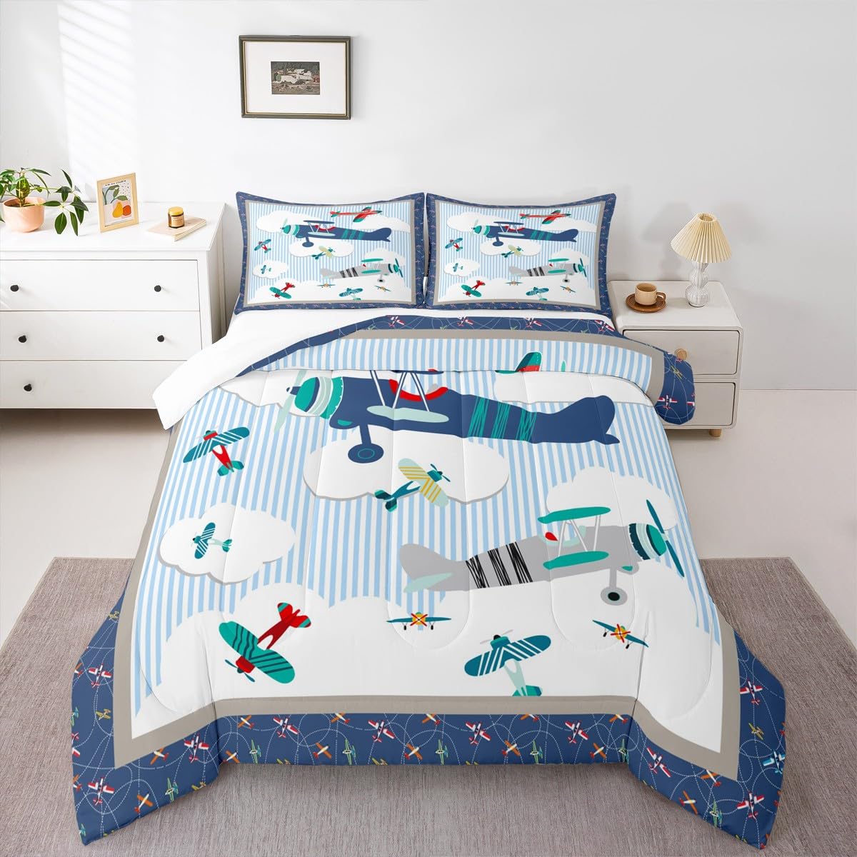 Castle Fairy Kids Airplane Full Size Comforter Set Blue Sky and White Clouds Bedding Set for Kids Adults Teens Aviation Aircraft Comforter Luxury Modern Airplane Quilt Set Room Decor 3Pcs
