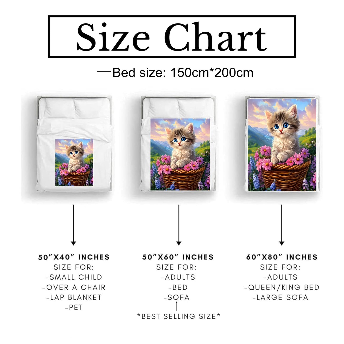 Bidesk Lovely Cat with Flowers Blanket Soft Cozy Throw Blanket for Adults Women Kids - Warm Yet Lightweight Flannel Blankets for Travel, Couch, Bed, Fuzzy Outdoor Comfort Wrap 60"×50"