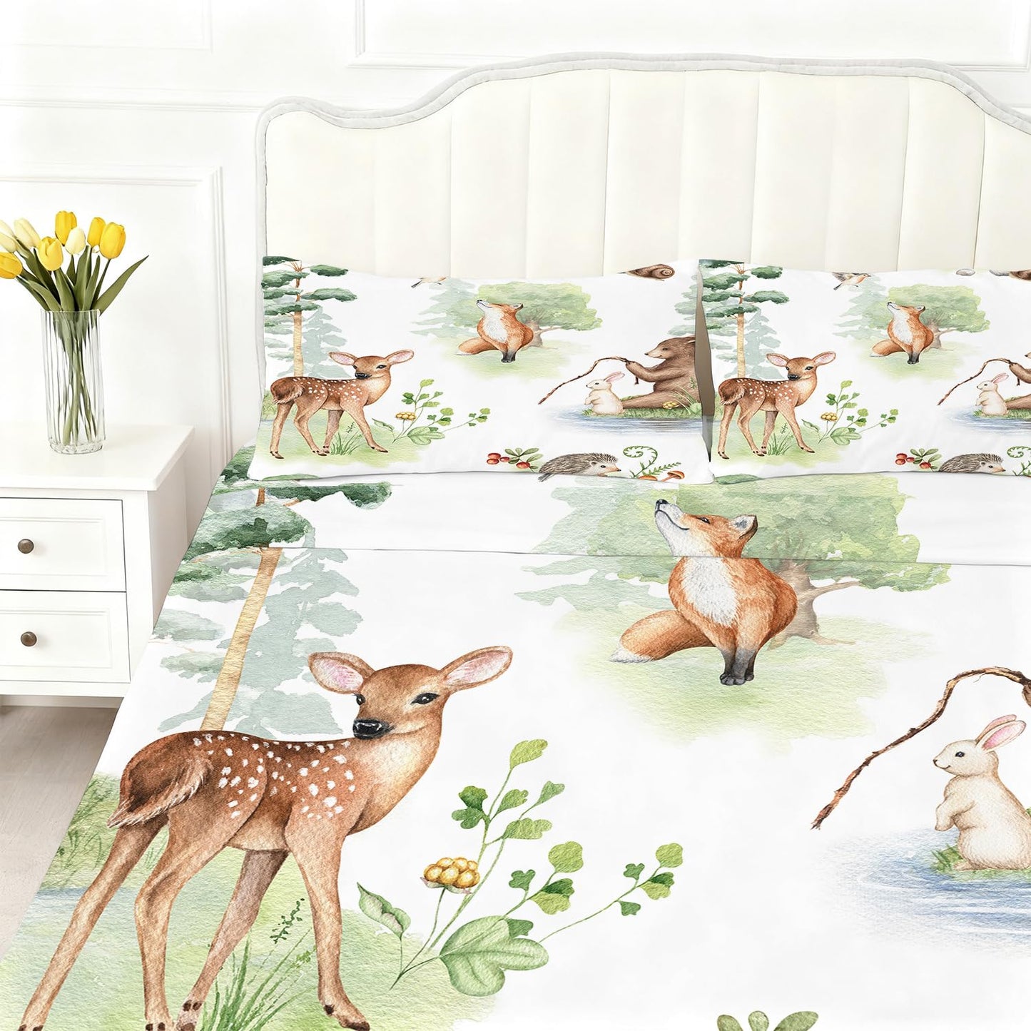 VTKON Wildlife Fitted Sheet Set Twin Size for Kids Light Green Sheet Set for Boys Girls Bedroom Animal Sheet Soft Microfiber 3-Piece Sheet Set 1 Fitted Sheet+1 Flat Sheet+1 Pillowcase Bedding Set