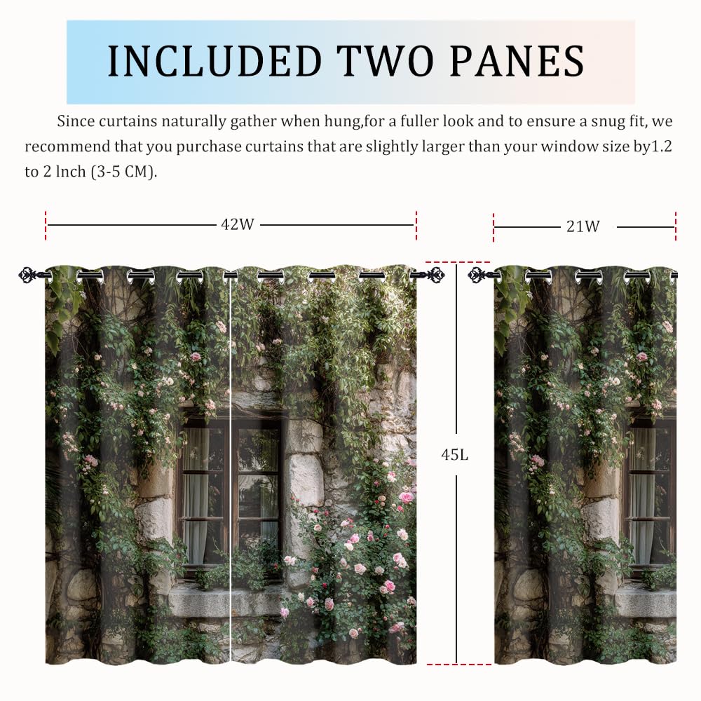 XSUPFLYM Modern Watercolor Stone House Privacy Blackout for Living Room Curtains Retro Oil Painting Spring Garden Plant Ivy Floral Pattern Curtains Top Grommets Window Treatment 2 Panels 21"W x 45"L