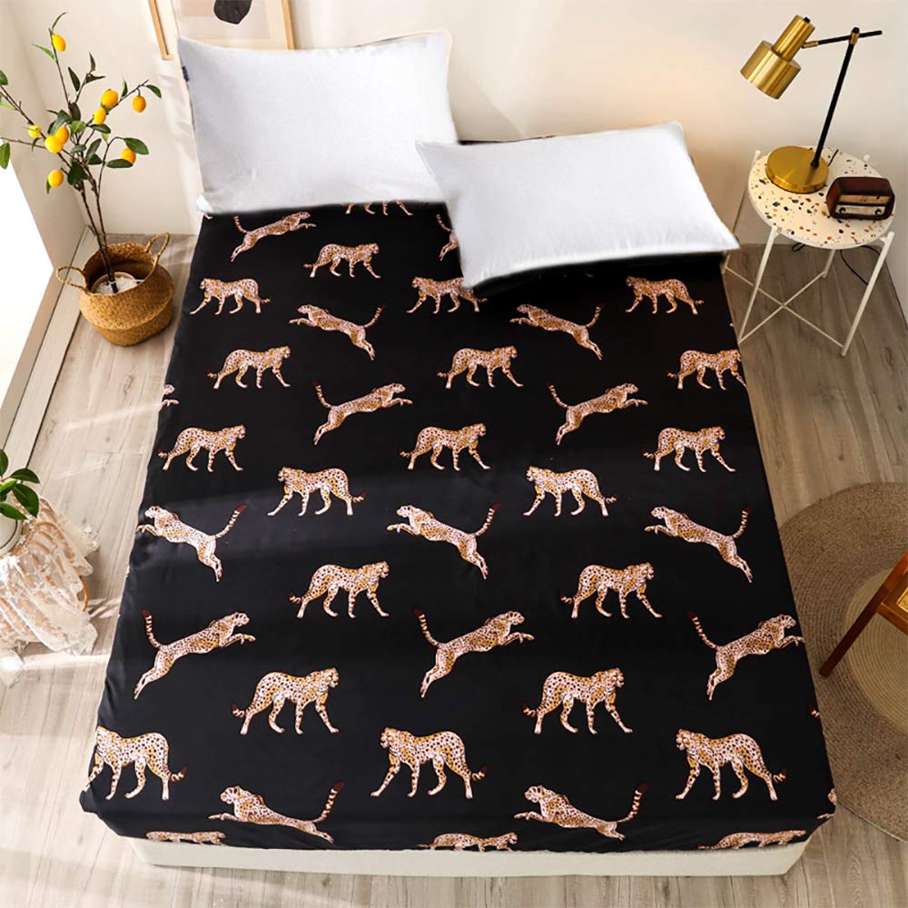 NATURETY Bedding Fitted Sheet with Deep Pocket Mattress Cover Sheets,Leo Animals Printed Fabric Bed Sheets (Black Gold, Queen)
