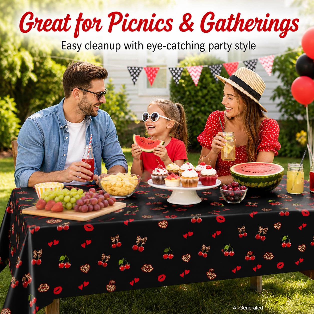 3Pcs 54 x 108 Inch Cheetah Cherry Tablecloths,Red Black Leopard Print Disposable Plastic Table Covers with Red Lips, Waterproof Party Table Cloths for Birthday, Baby Shower, Wedding, Party Decorations