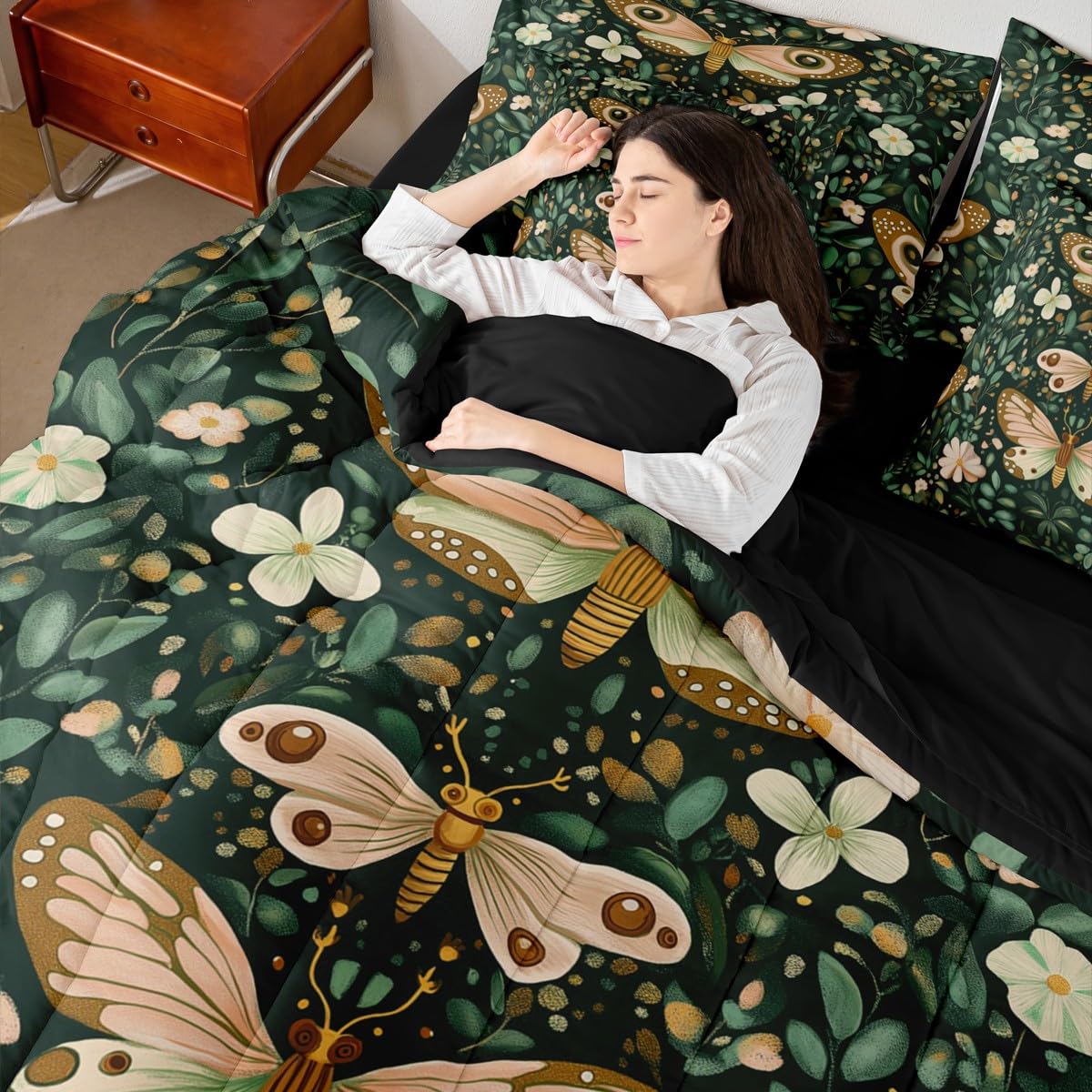 Feelyou Girls Butterfly Comforter Set with Sheets 7 Piece Queen Size Botanical Leaves Bedding Set for Kids Teens Beautiful Flower Bed in a Bag Room Decor Soft Lightweight Microfiber