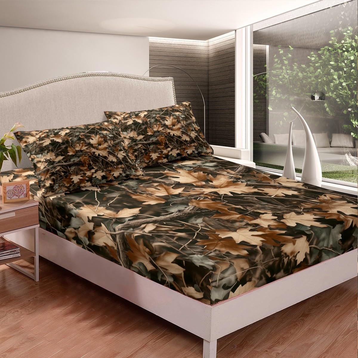 Camoflage Kids Fitted Sheet Twin Size,Jungle Woods Fall Leaves Rustic Nature Bedding Set,Boys Girls Room Decor,Hunter Cabin Adventure Camo Bed Cover,Brown Bed Sheet,1 Pillowcase(No Top Sheet)