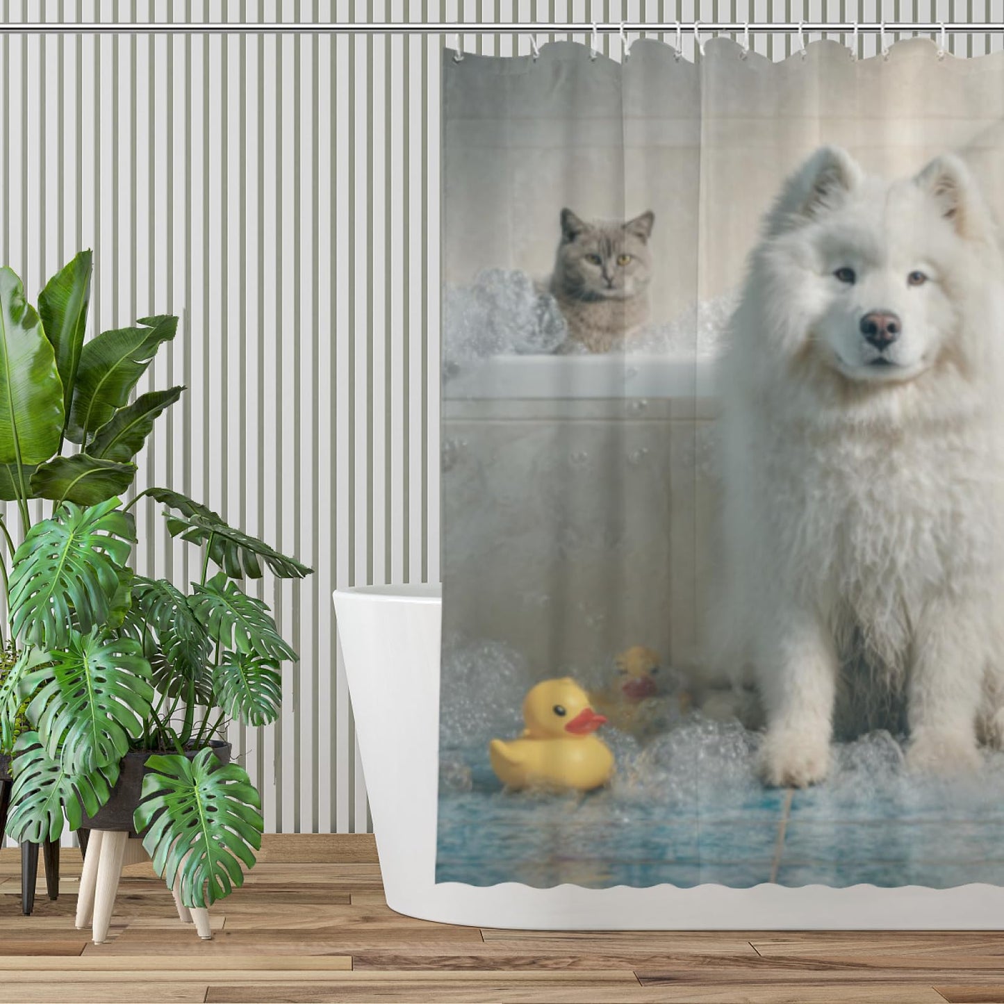 Wordatu Samoyed Shower Curtain Bathroom Set 72X72 Inches Funny Cat Lovely Animals in Bathtub for Boys Bath Farmhouse Art Home Decor Fabric 12 Hooks
