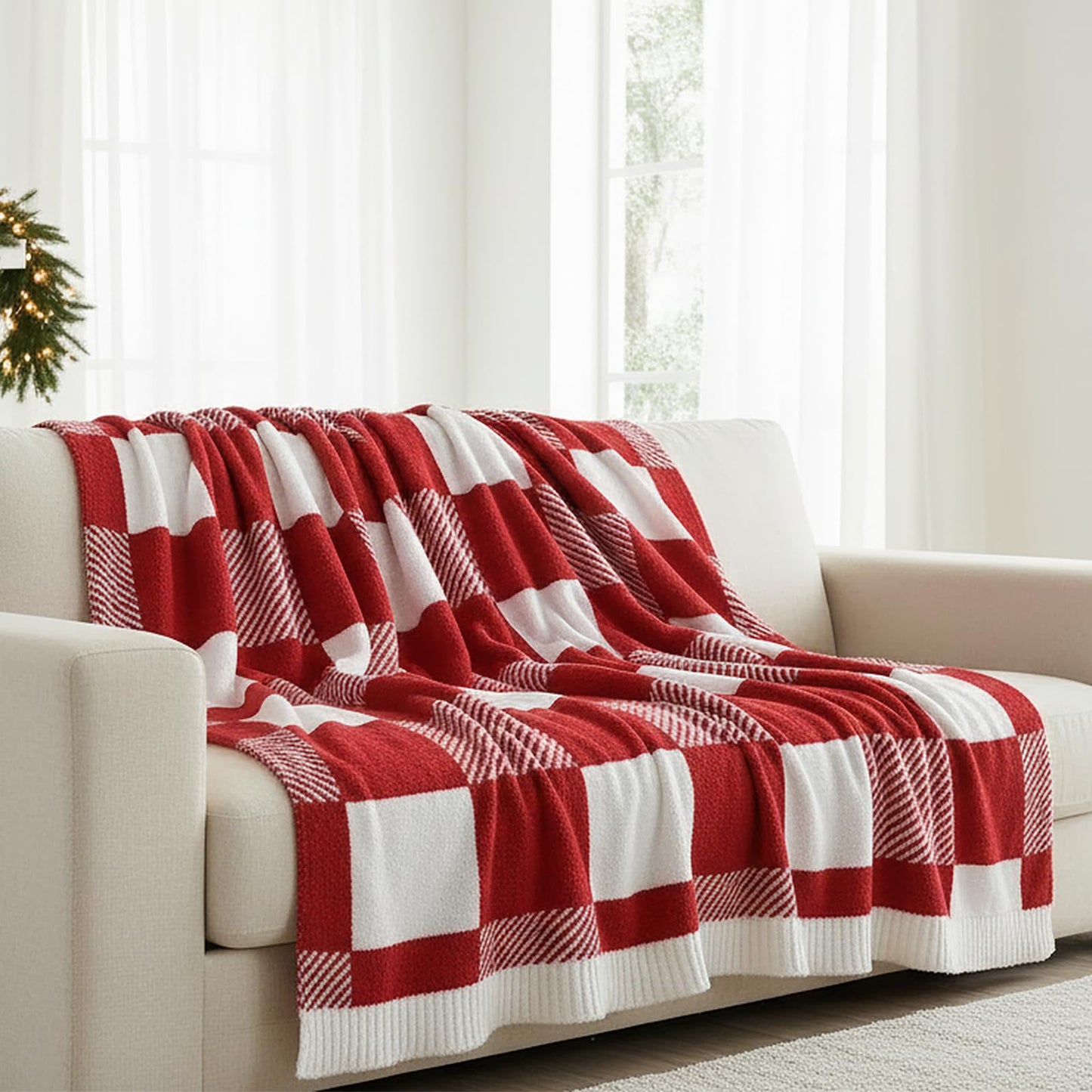 MACEVIA Knit Fuzzy Throw Blanket for Couch 50" x 60" (Checkered Red White)