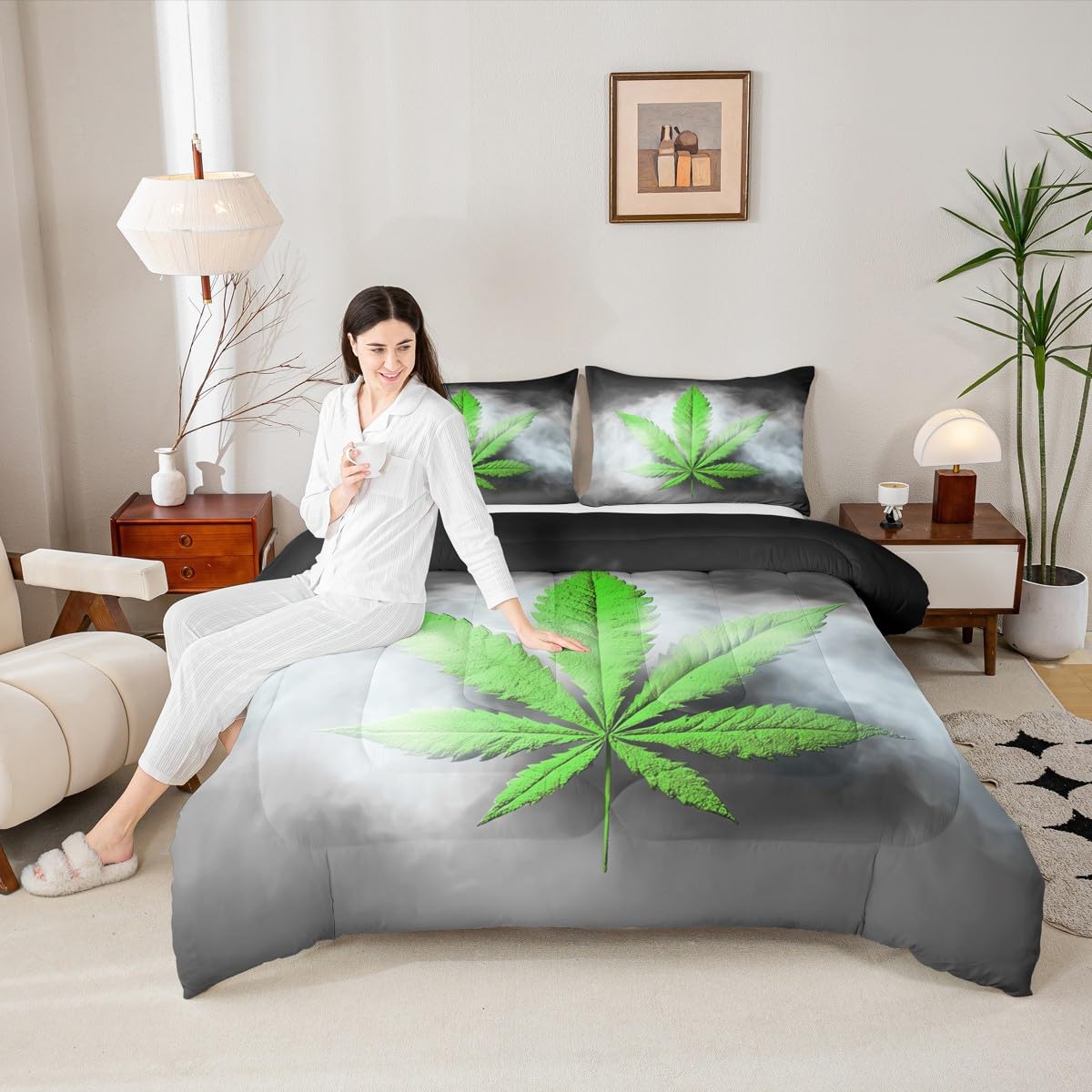 Erosebridal Leaves Comforter King Size, Leaf Bedding Set, Herb Botanical Grunge Duvet Set for Kid Teens Boys Teens, Grey Green
