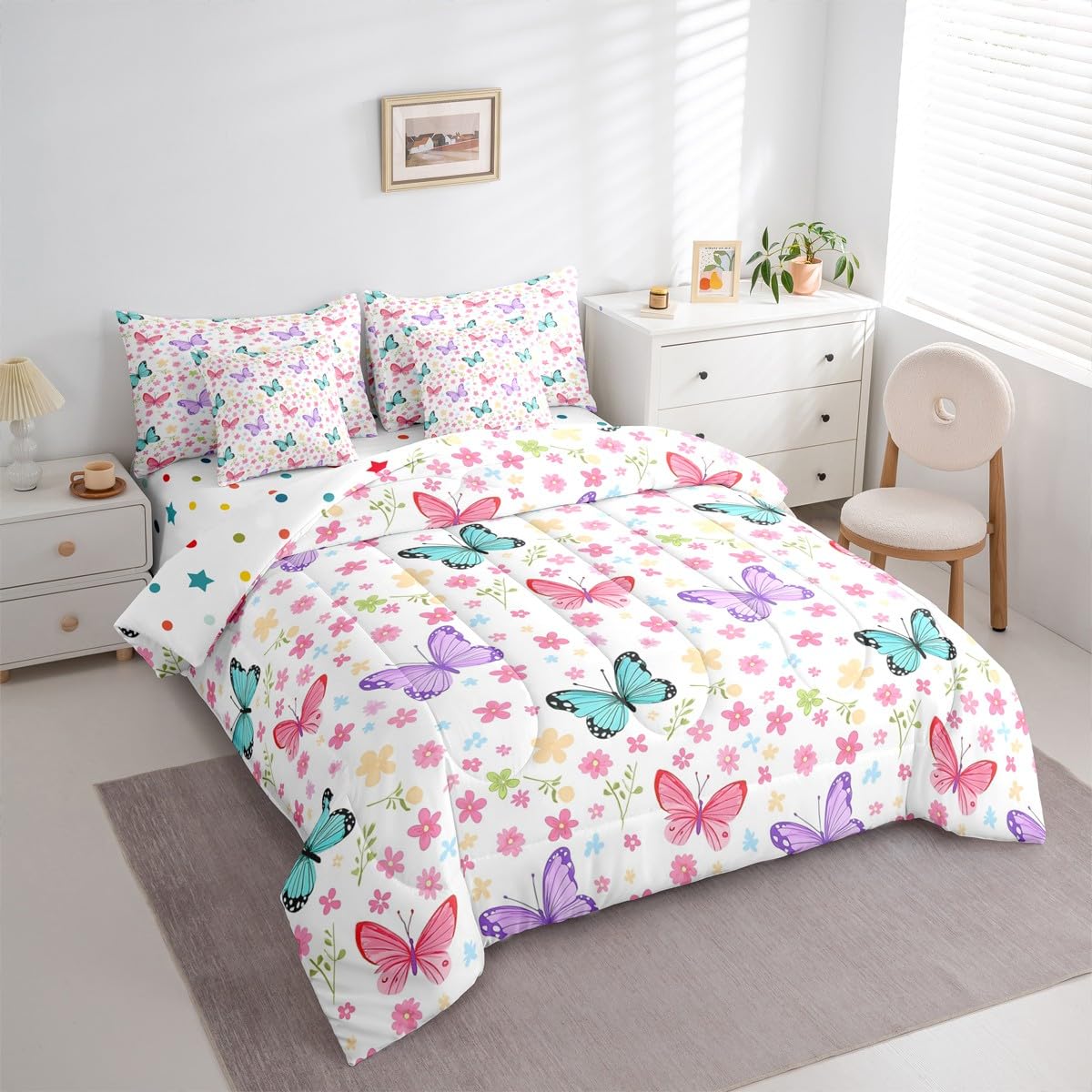 Feelyou Butterfly Comforter Set with Sheets 7 Piece Queen Size Girl Butterfies Floral Bedding Set for Kids Boys Girls Cute Bed in a Bag Garden Plant Room Decor White Pink Purple Soft Lightweight