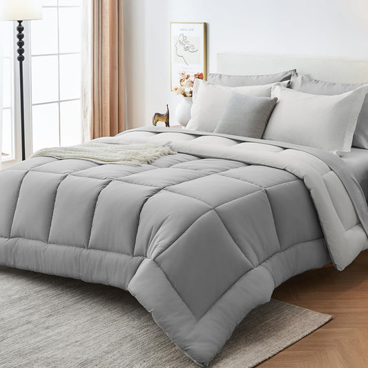 Sasttie Queen Comforter Set, 7 Pieces Bed in a Bag Queen, Complete Bedding Set Includes Comforter, Flat Sheet, Fitted Sheet, Pillowcases and Pillow Shams, Ivory & Light Grey