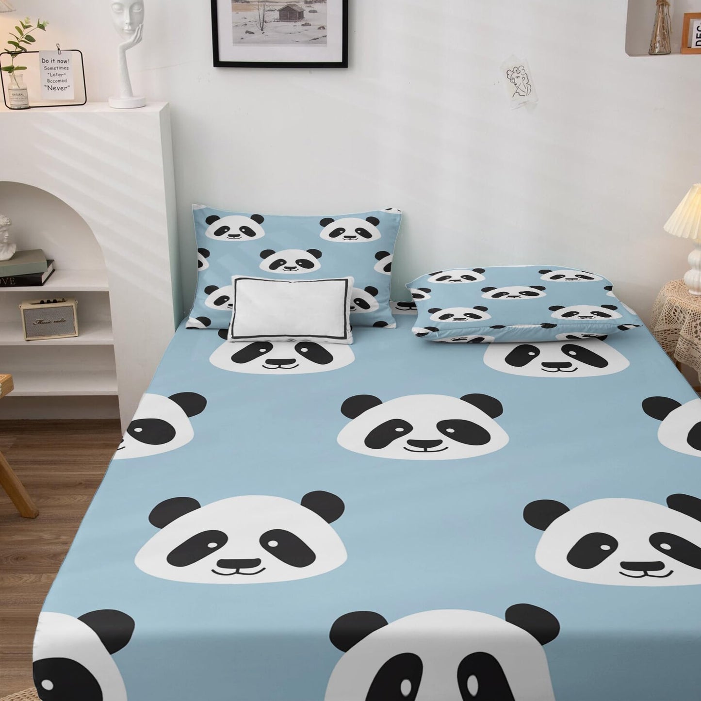 NOGAWA Cartoon Panda Sheets Queen Size, Cute Kawaii Bed Sheets, Patterned Bedding Sheets & Pillowcases 4 Piece Set - Soft Microfiber Deep Pocket Fitted Sheet & Flat Sheet & 2 Pillow Cases