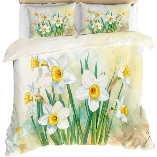QINYUN Floral Comforter Set Oversized King, Spring Daffodils Flower Bedding Set 3 Piece, Watercolor Floral Duvet Cover with Zipper & Ties, 2 Pillowcases