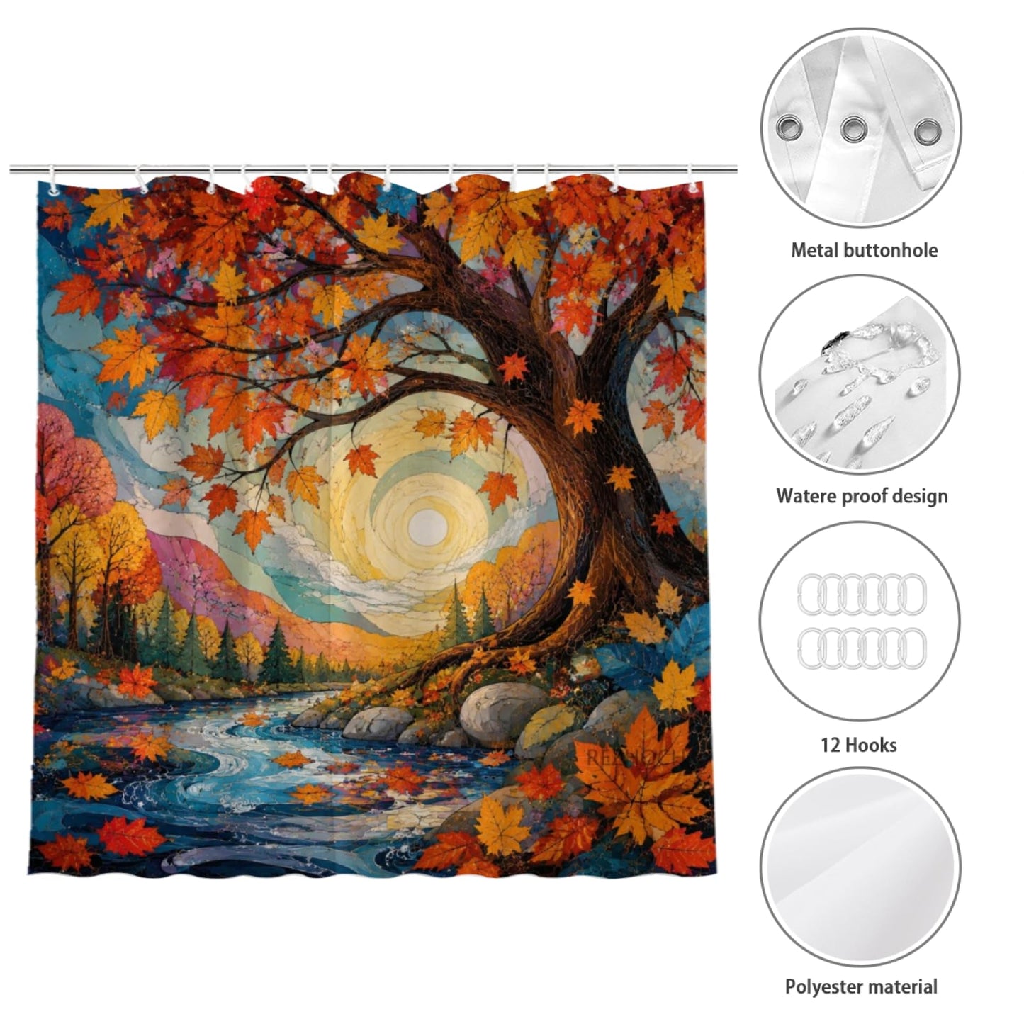 REZHOCH Autumn Bathtub Forest Shower Curtain 72x72 Inch,Fall Maple Leaves Lake View Rustic Tub Nature Landscape Artistic Bathroom Decor Bath Set with Hooks