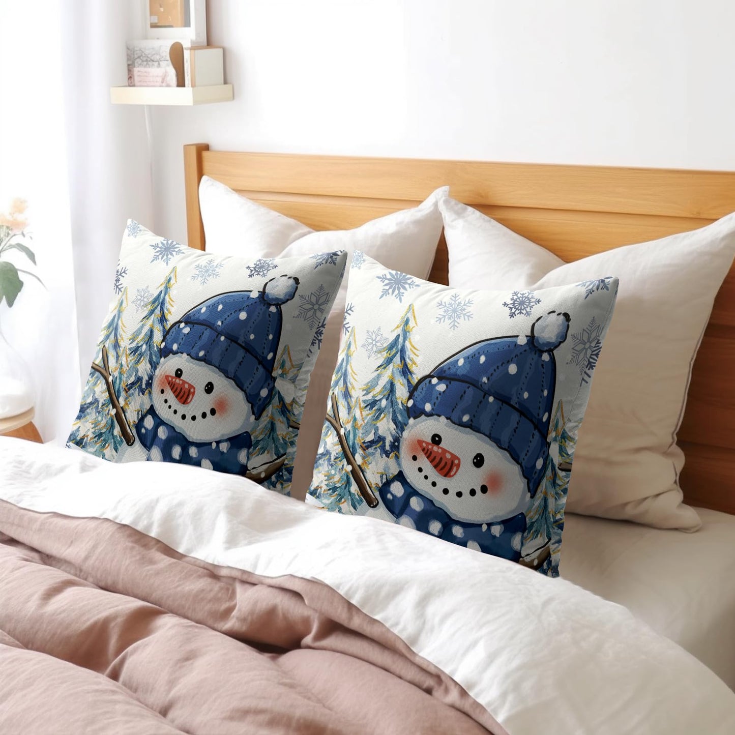 ABSOP Blue Christmas Pillow Covers 18x18 Inch Xmas Snowman Decorative Throw Pillows Set of 2 Winter Snowflake Pillow Cases for Sofa Couch Home Decor
