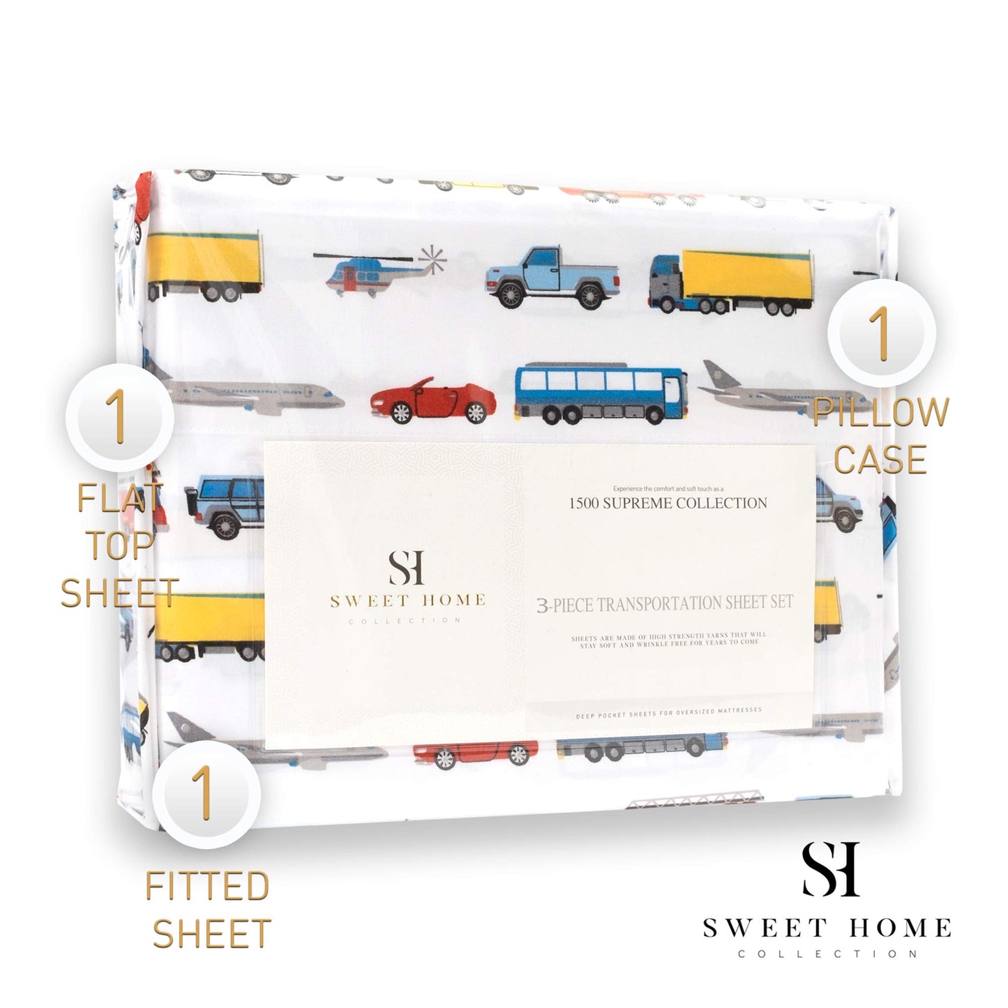 1500 Supreme Kids Bed Sheet Collection - Fun Colorful and Comfortable Boys and Girls Toddler Sheet Sets - Deep Pocket Wrinkle Free Soft and Cozy Bedding - Twin XL, Transportation