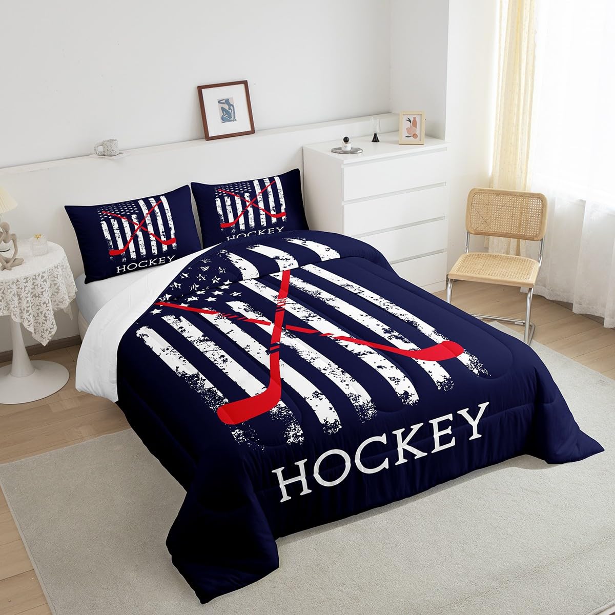 Homewish Hockey Comforter Set,American Flag Bedding Set for Kids Girls Women,Adults Ice Hockey Comforter,Red Blue White Quilted Duvet Set Bedroom Collection Twin Size 2Pcs