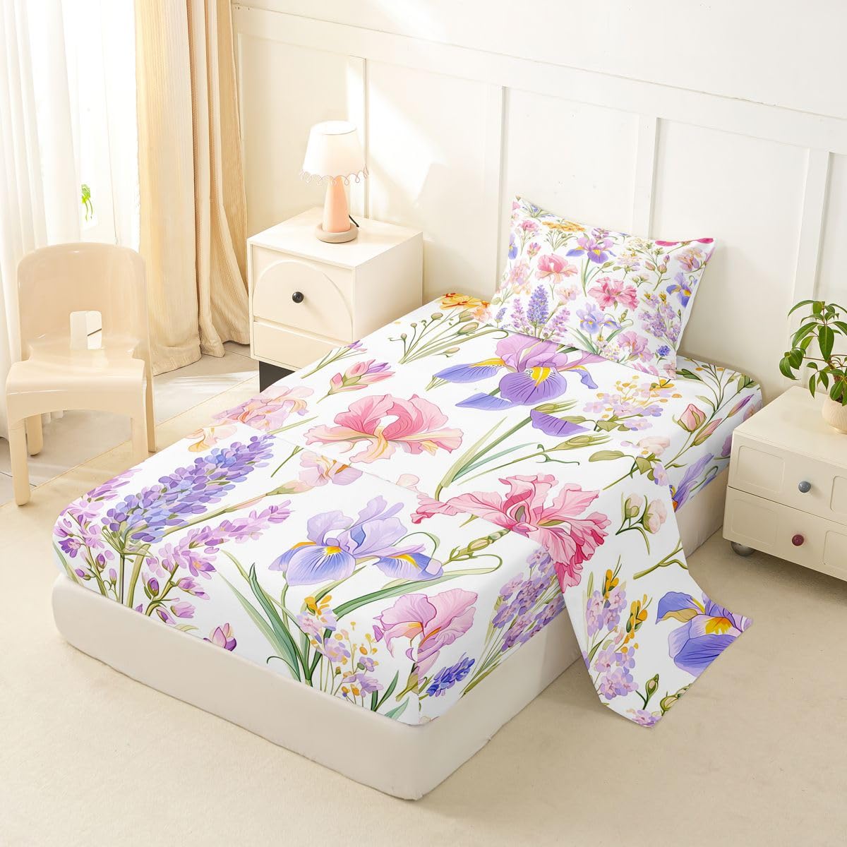 Erosebridal Pink Floral Bed Sheets Set Twin Colorful Plants Sheet Set Garden Style Flower Sheets Rustic Farmhouse Flat Fitted Sheet