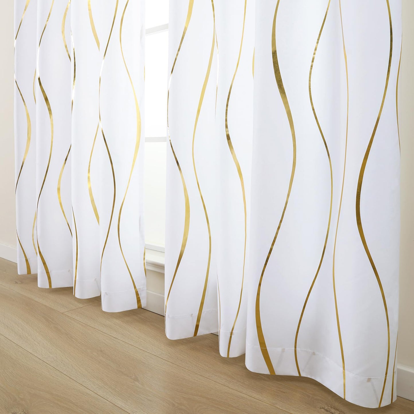L.Z.E White Privacy Curtains 72 Inches Long 2 Panels Set, Light Filtering Non-See-Through Curtains & Drapes for Living Room Bedroom Nursery, Elegant Gold Wave Pattern Grommet Top Window Treatment