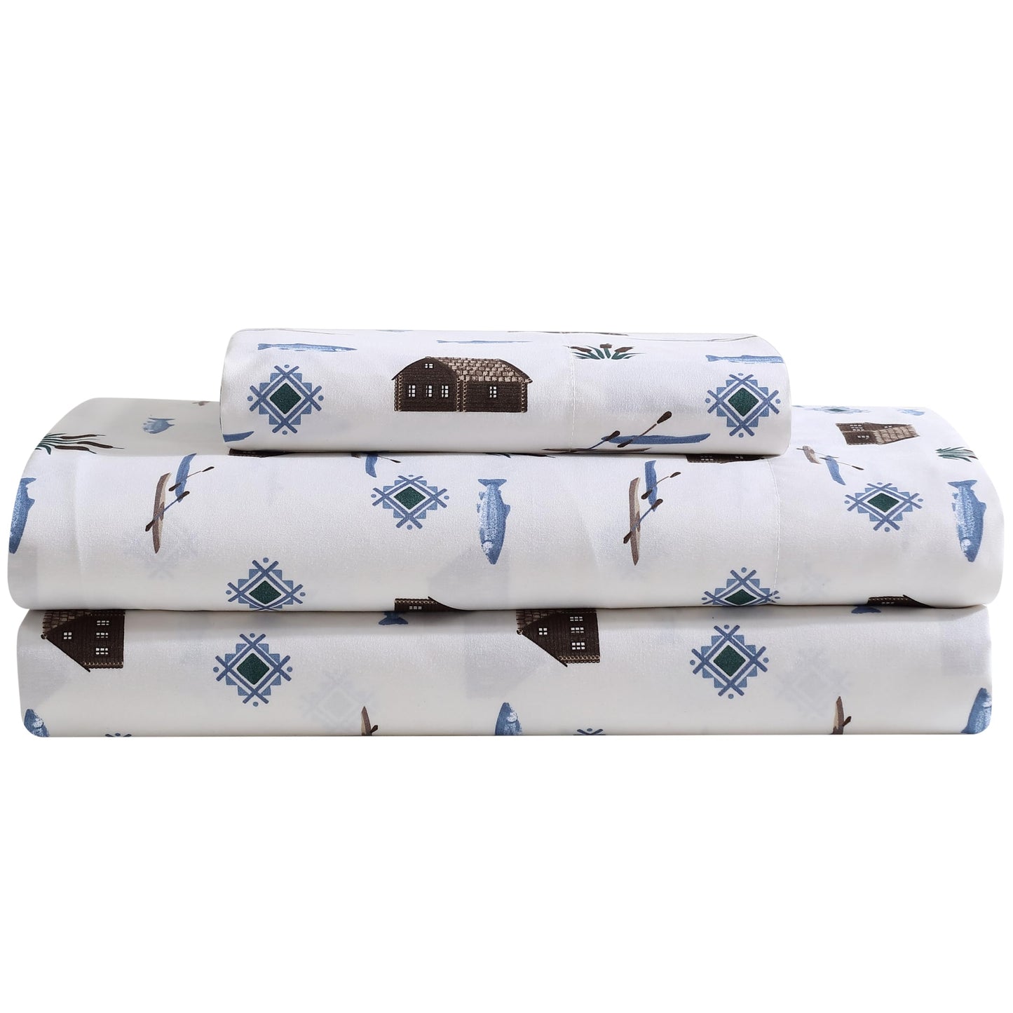 Beatrice Home Fashions Cozy Cabin 3-Piece Twin Microfiber Bedding Sheet Set with Deep Pockets Rustic Patchwork Plaid Deer, Lake Day