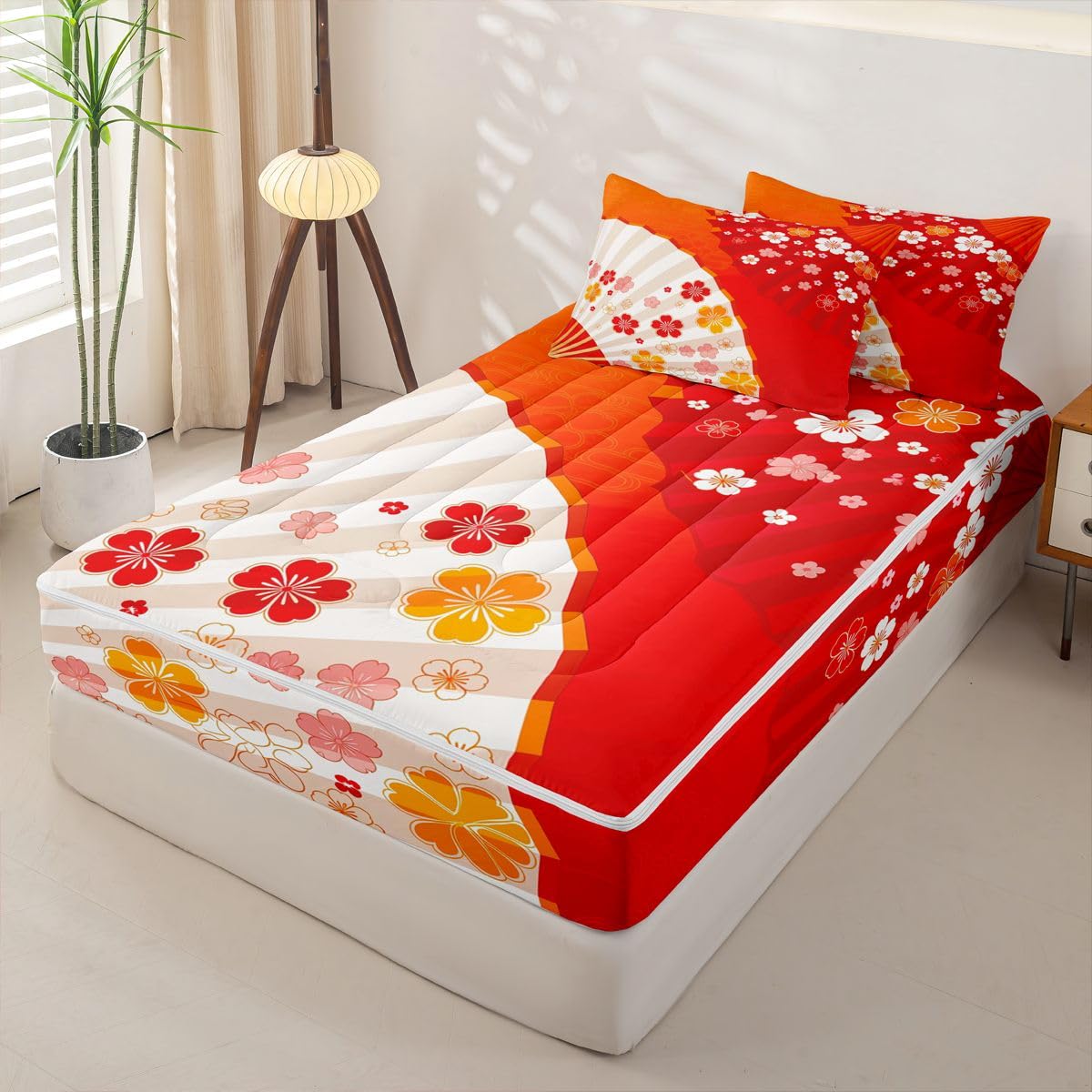 Erosebridal Japanese Style Fan Zipper Bedding Twin Size, Japan Fan Cherry Blossoms Kids Comforter Set - Asian Themed Zip Up Comforter Bed in A Bag