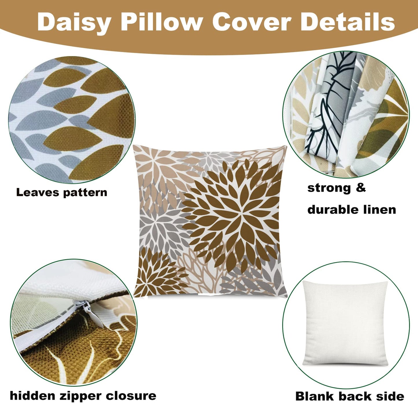 COMMINY Brown Grey Pillow Covers 18x18 Set of 6 Decorative Daisy Flower Throw Pillow Cover for Couch Modern Coffee Pillow Case for Patio Living Room Cushion Bed Farmhouse Home Decor